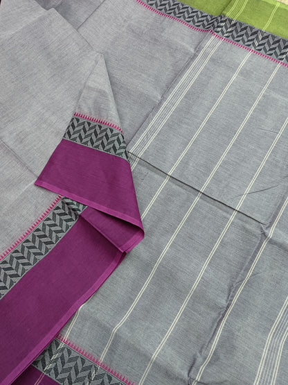 Chettinad Cotton -Off white mixed  purple With Ganga - jamuna Borders- CDW17