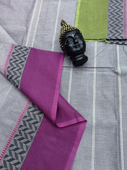 Chettinad Cotton -Off white mixed  purple With Ganga - jamuna Borders- CDW17