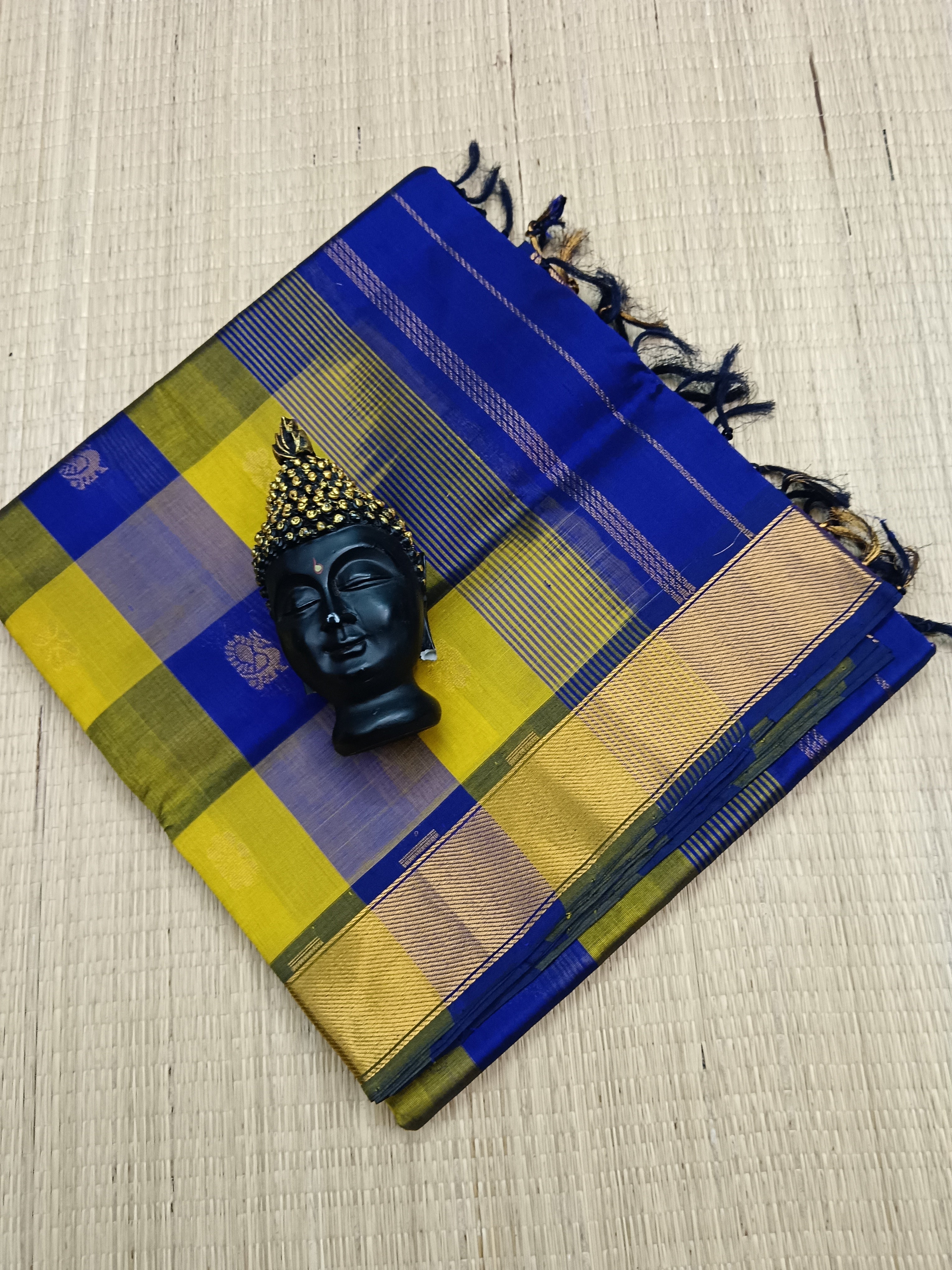 Handloom Kanchi Silk Cotton -Checks Butta -Lemon Yellow With Deep blue - HSC10