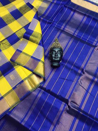 Handloom Kanchi Silk Cotton -Checks Butta -Lemon Yellow With Deep blue - HSC10