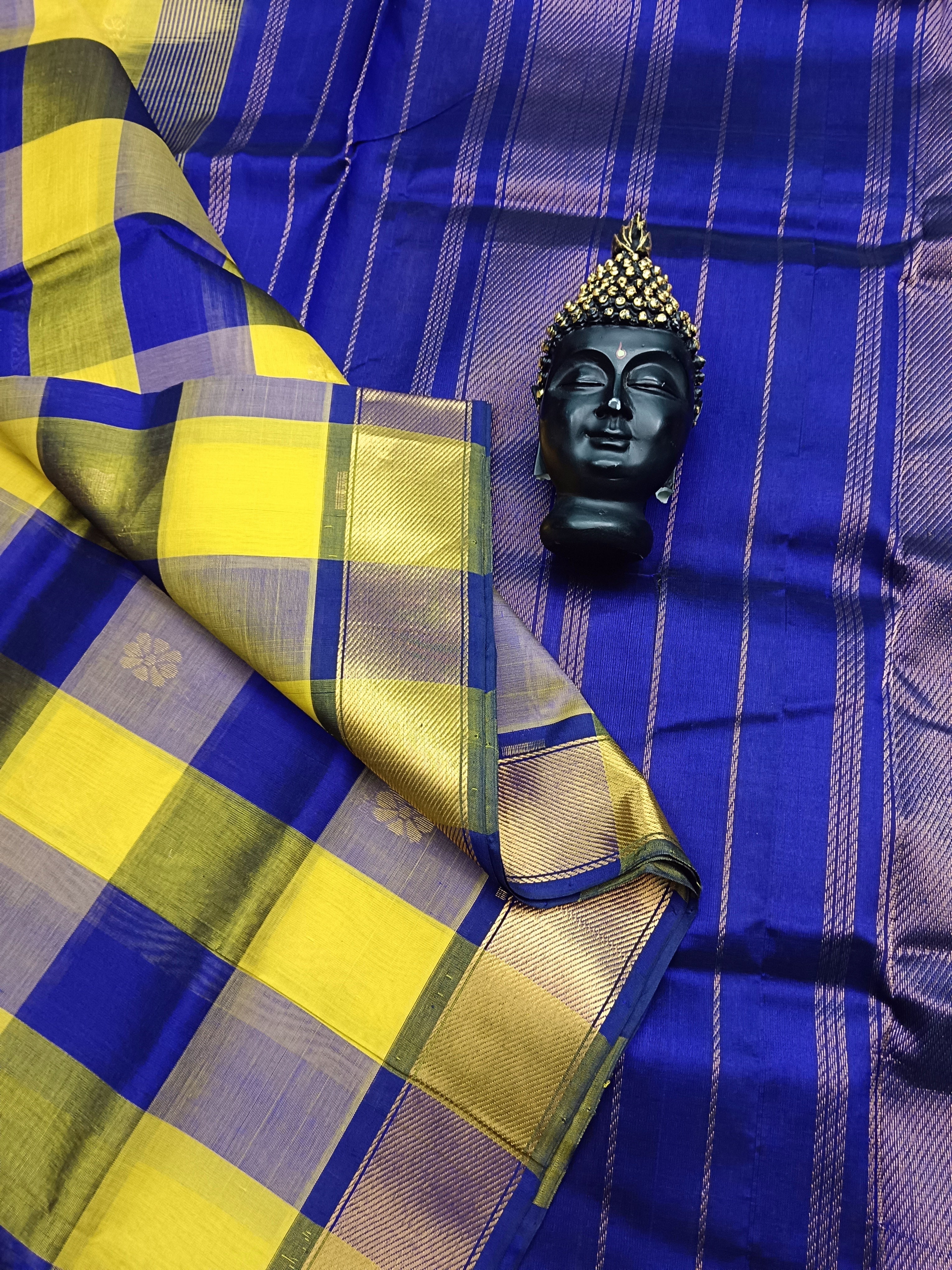 Handloom Kanchi Silk Cotton -Checks Butta -Lemon Yellow With Deep blue - HSC10