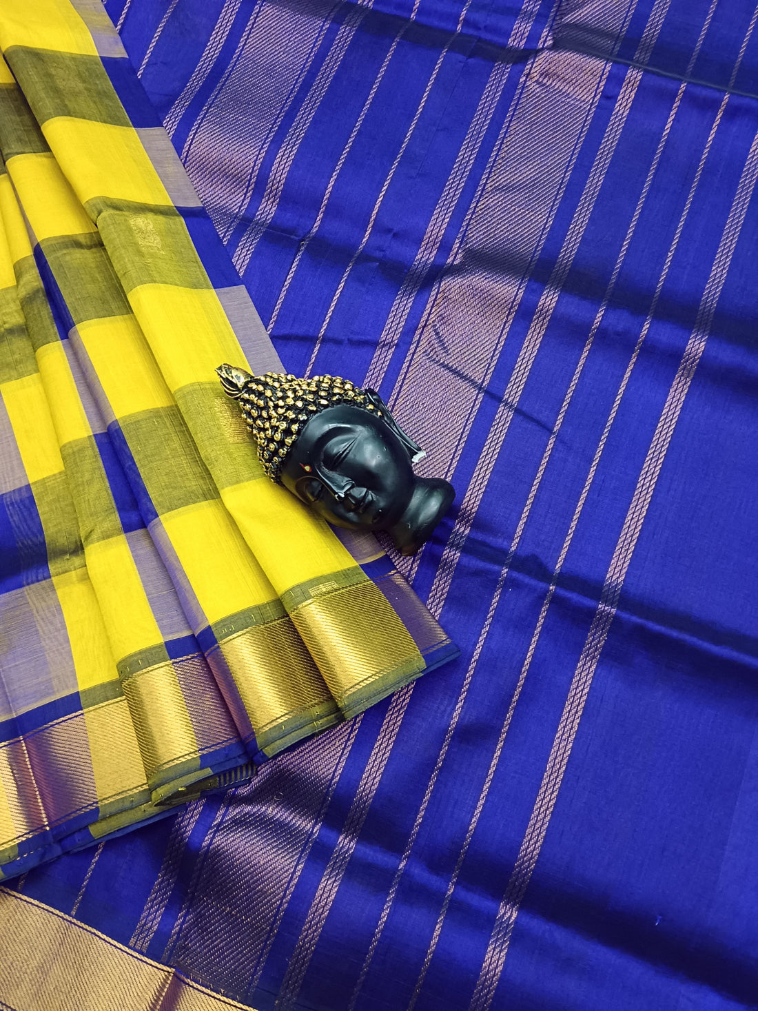 Handloom Kanchi Silk Cotton -Checks Butta -Lemon Yellow With Deep blue - HSC10