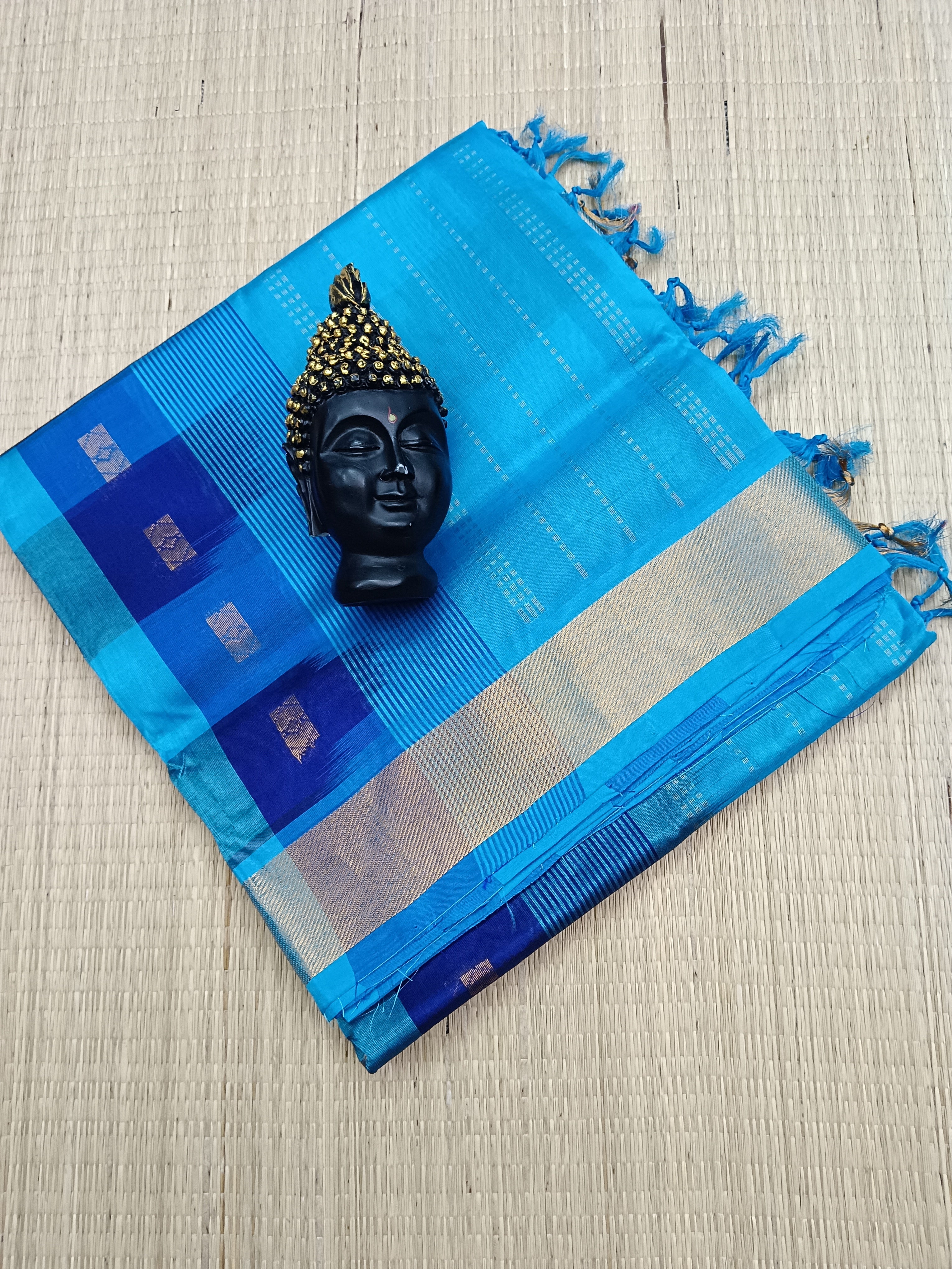 Handloom Kanchi Silk Cotton -Checks Butta -Dark Blue With sky Blue - HSC11