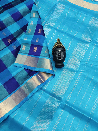 Handloom Kanchi Silk Cotton -Checks Butta -Dark Blue With sky Blue - HSC11