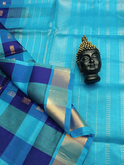 Handloom Kanchi Silk Cotton -Checks Butta -Dark Blue With sky Blue - HSC11