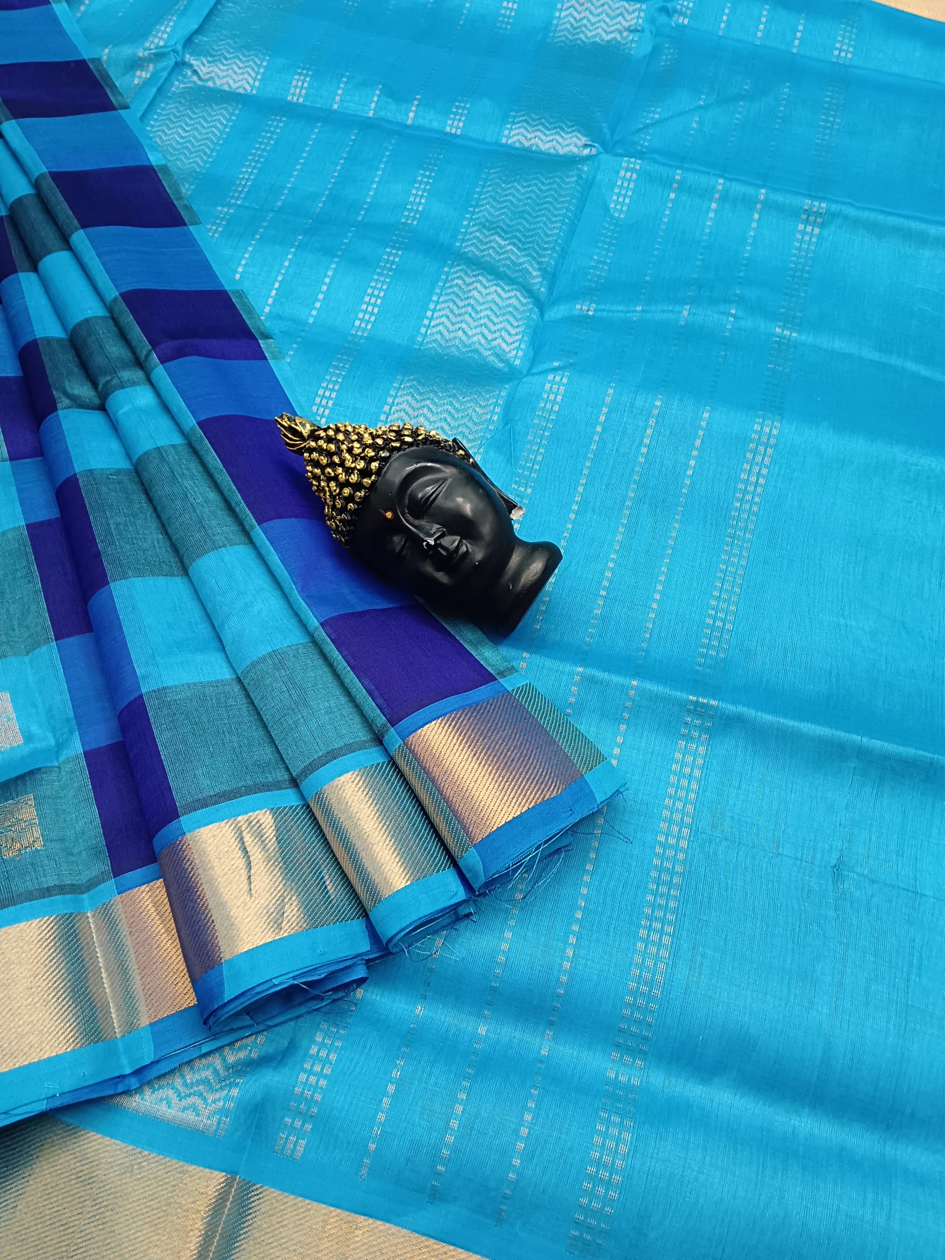 Handloom Kanchi Silk Cotton -Checks Butta -Dark Blue With sky Blue - HSC11