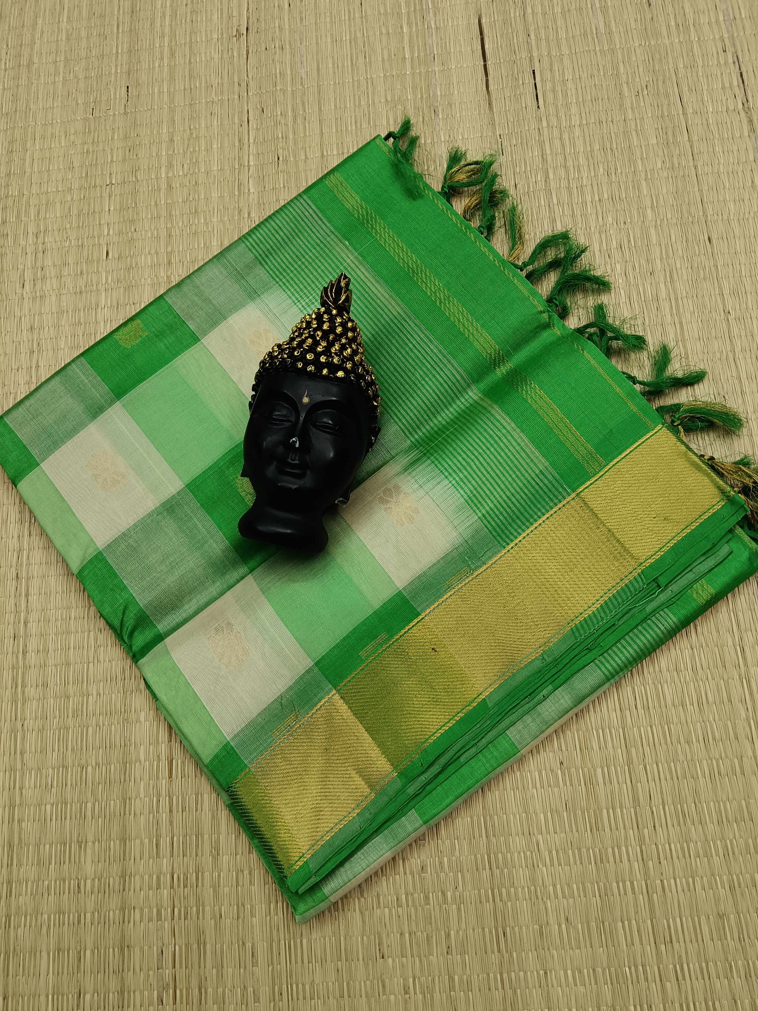 Handloom Kanchi Silk Cotton -Checks Butta -Cream White with Green -HSC12