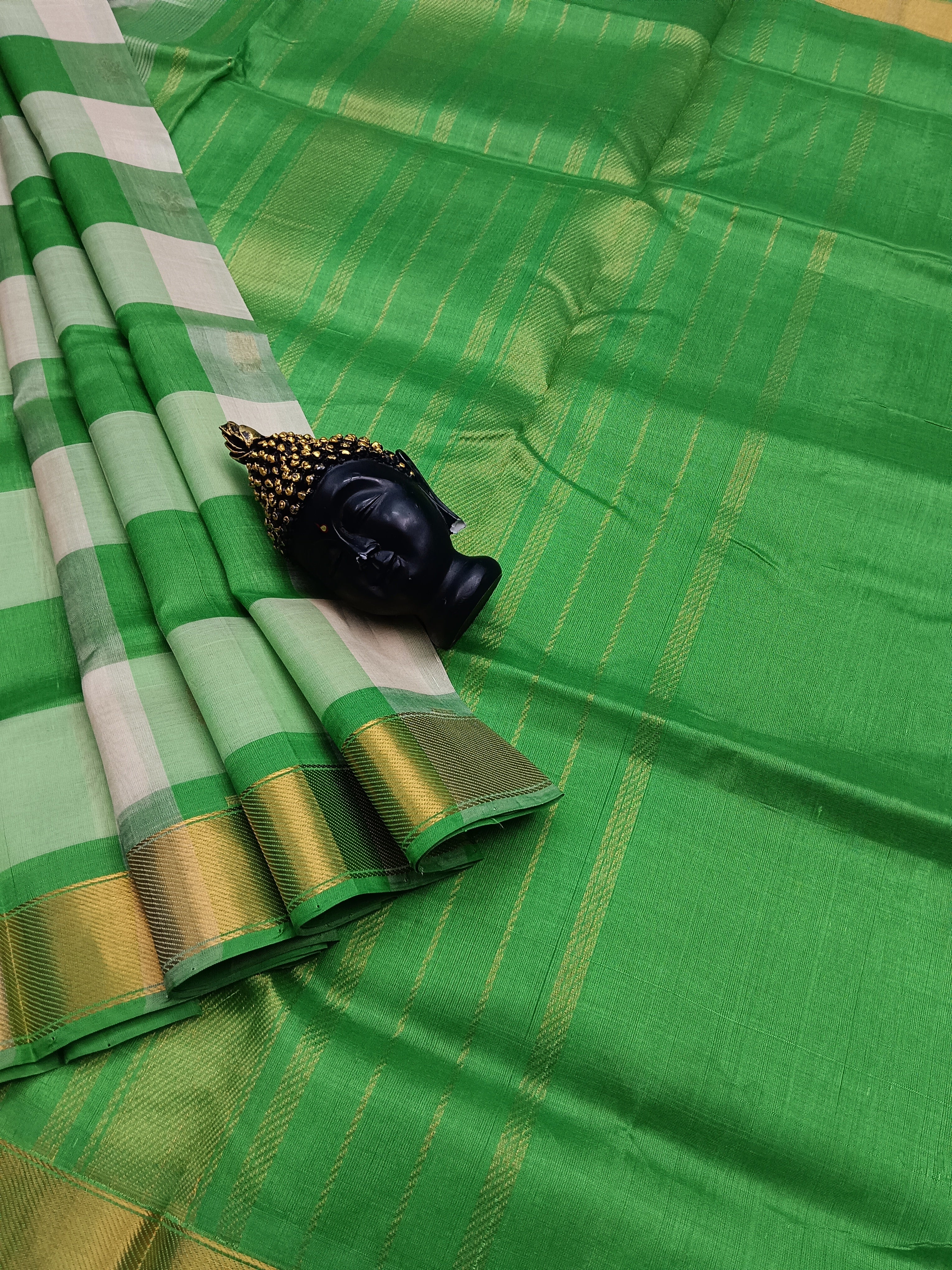 Handloom Kanchi Silk Cotton -Checks Butta -Cream White with Green -HSC12