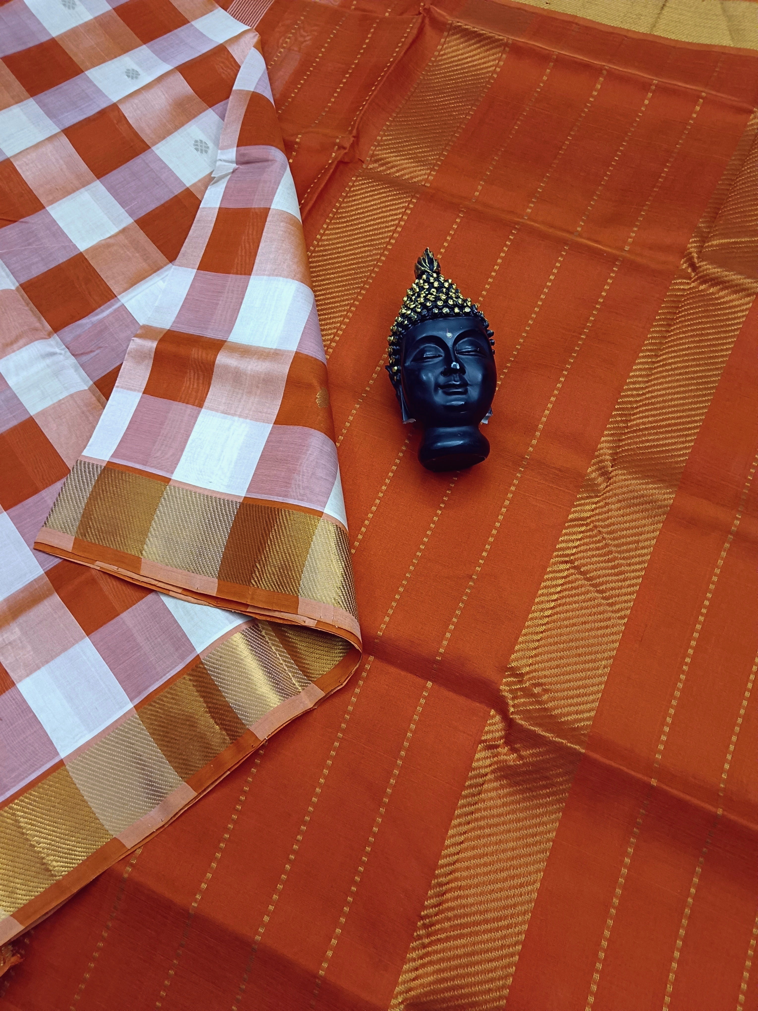 Handloom Kanchi Silk Cotton -Checks Butta -Cream White with Orange -HSC13