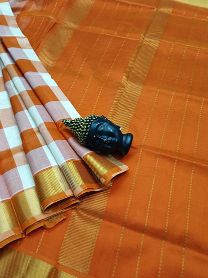 Handloom Kanchi Silk Cotton -Checks Butta -Cream White with Orange -HSC13