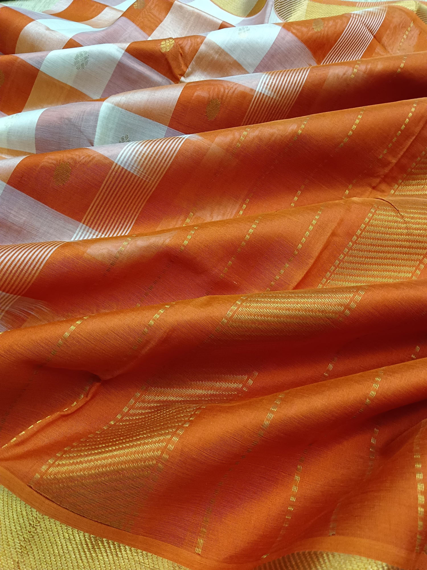 Handloom Kanchi Silk Cotton -Checks Butta -Cream White with Orange -HSC13