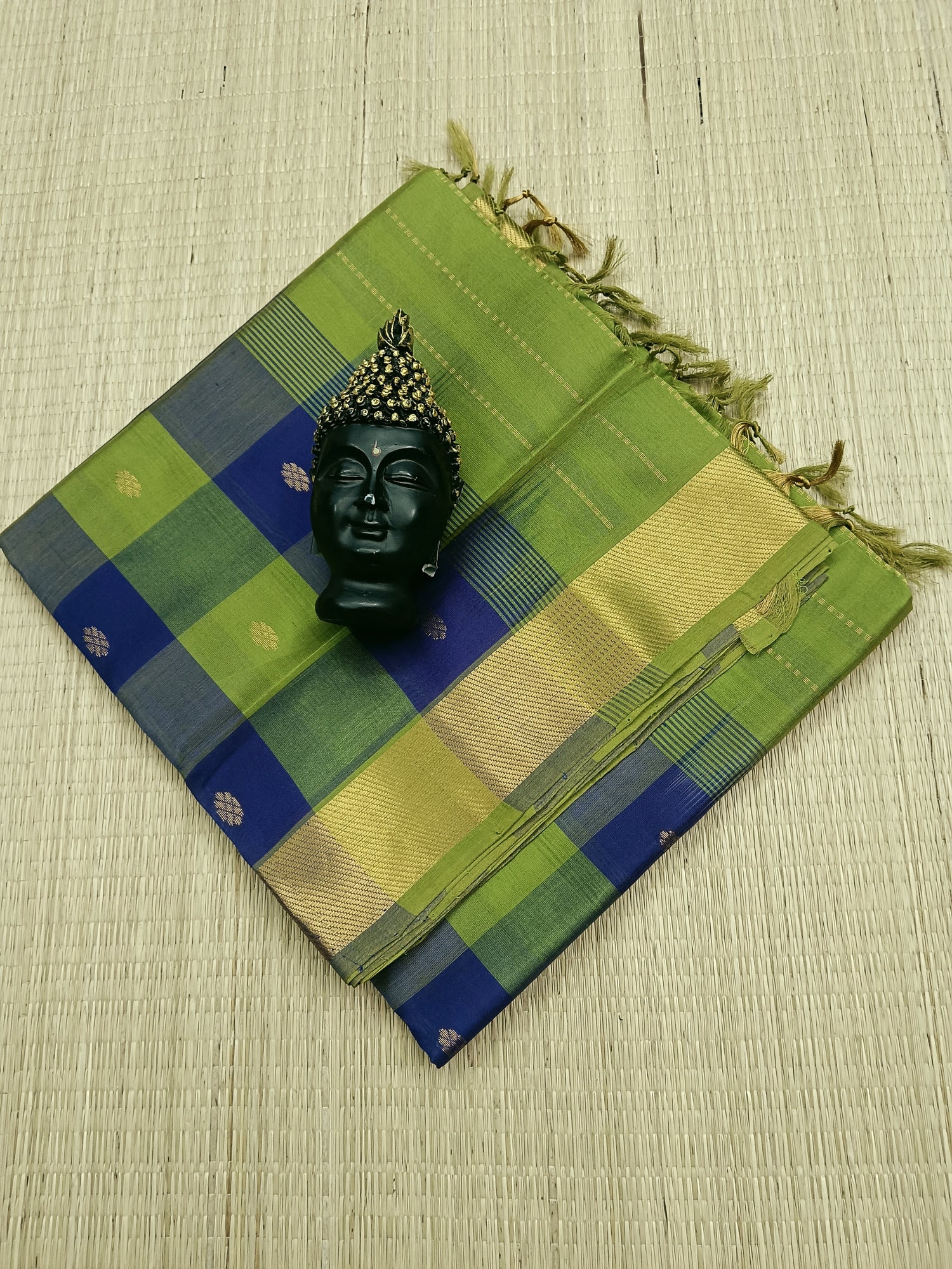 Handloom Kanchi Silk Cotton -Checks Butta -Royal Blue with Yellow green - HSC14