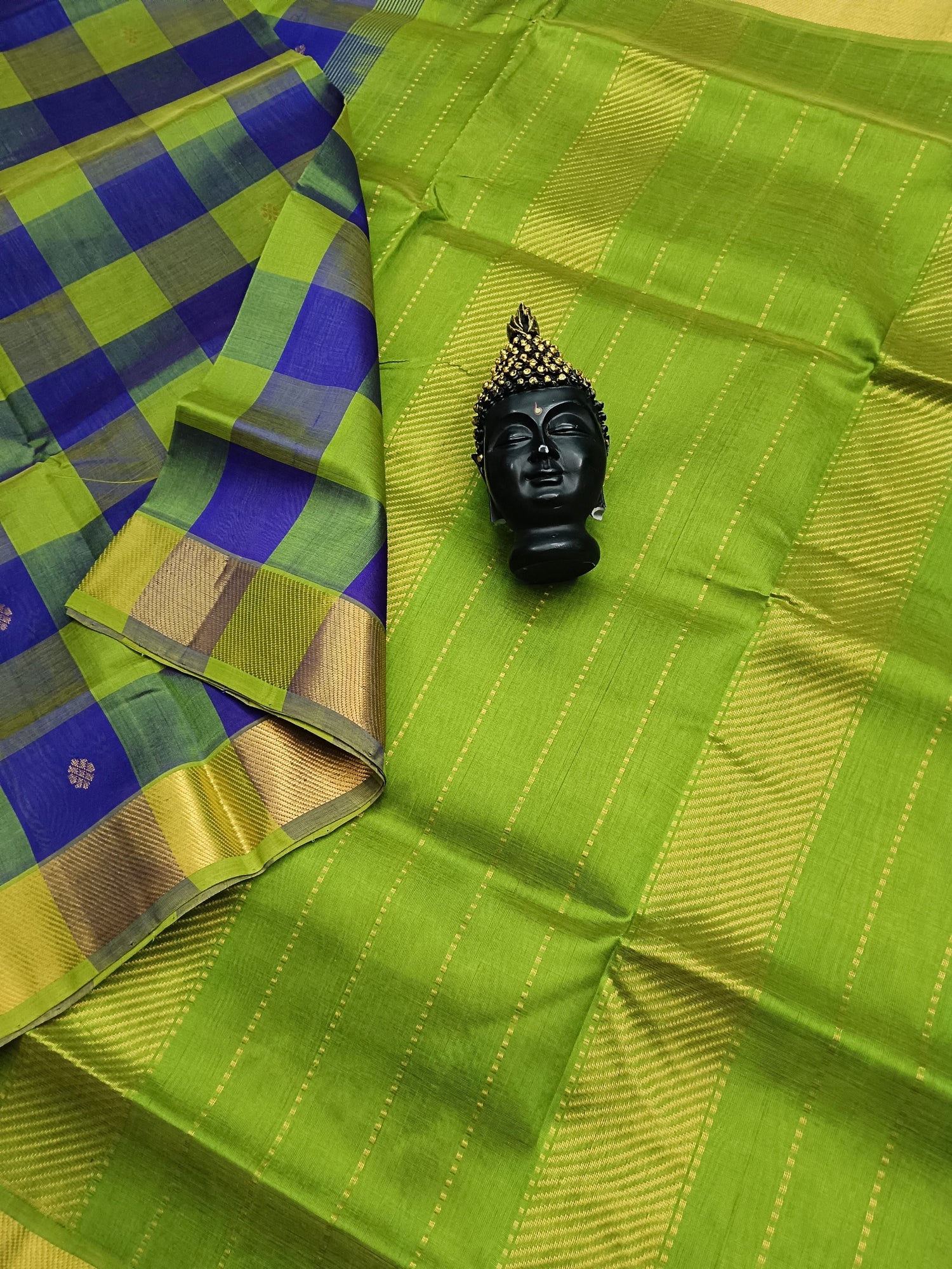 Handloom Kanchi Silk Cotton -Checks Butta -Royal Blue with Yellow green - HSC14