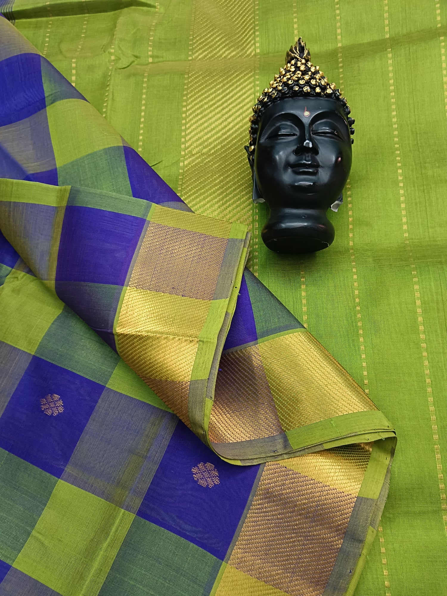 Handloom Kanchi Silk Cotton -Checks Butta -Royal Blue with Yellow green - HSC14