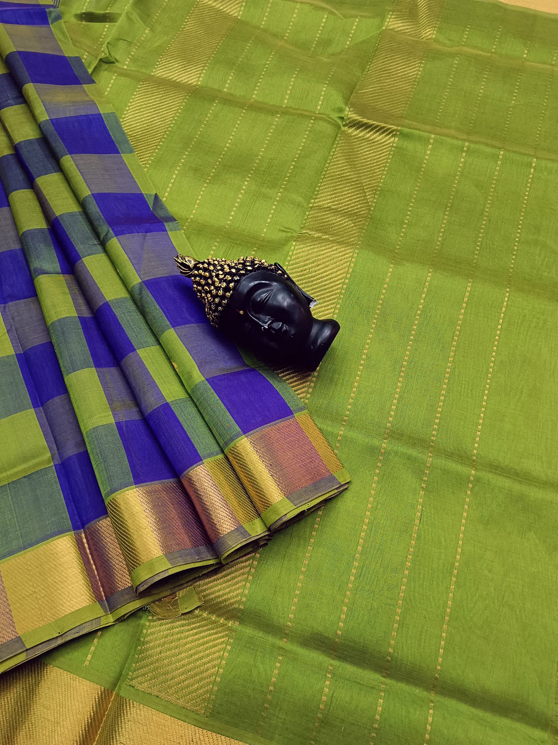 Handloom Kanchi Silk Cotton -Checks Butta -Royal Blue with Yellow green - HSC14