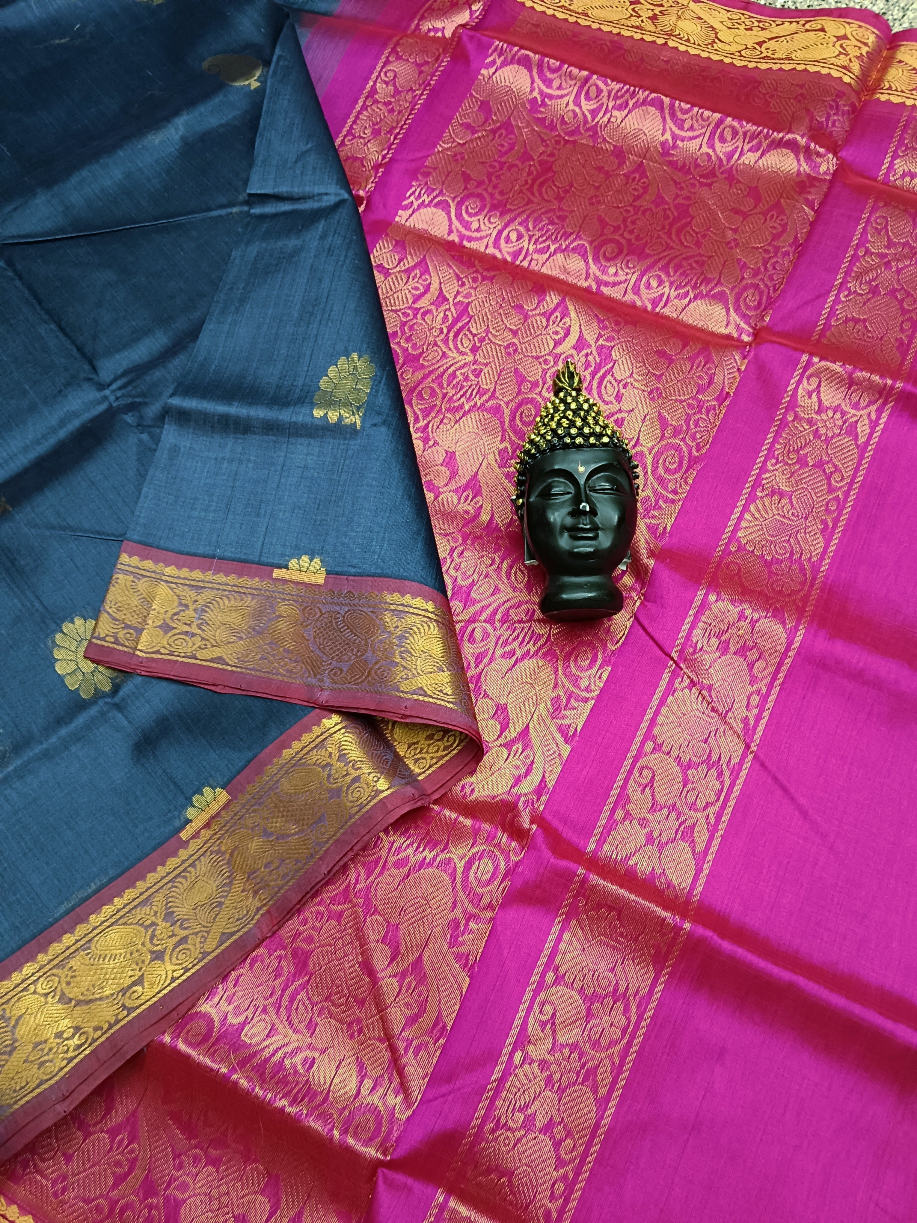 Handloom Kanci  Silk Cotton -Butta- Dark Blue Grey- HSC19