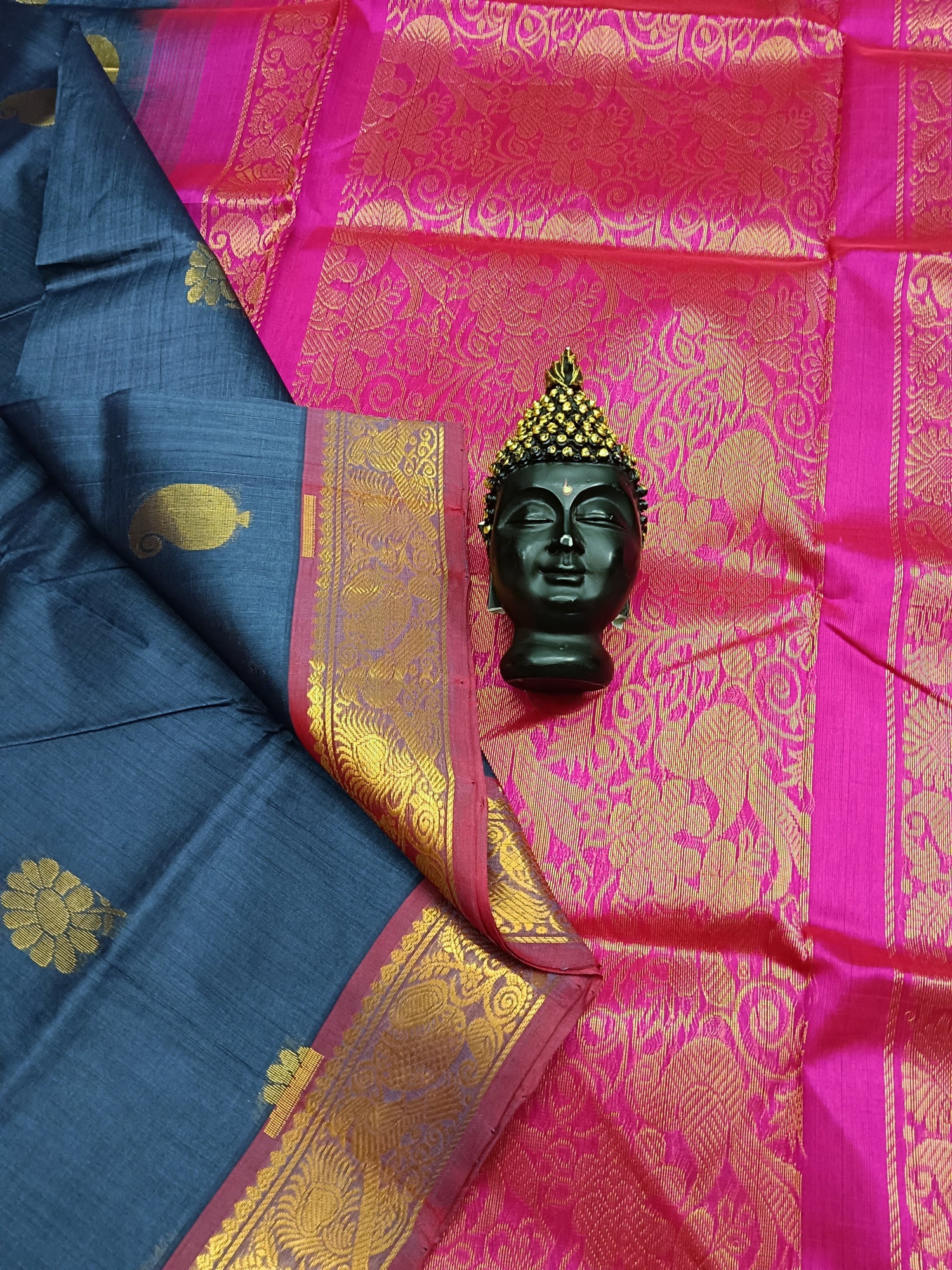 Handloom Kanci  Silk Cotton -Butta- Dark Blue Grey- HSC19