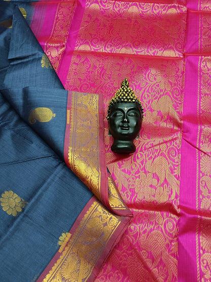 Handloom Kanci  Silk Cotton -Butta- Dark Blue Grey- HSC19