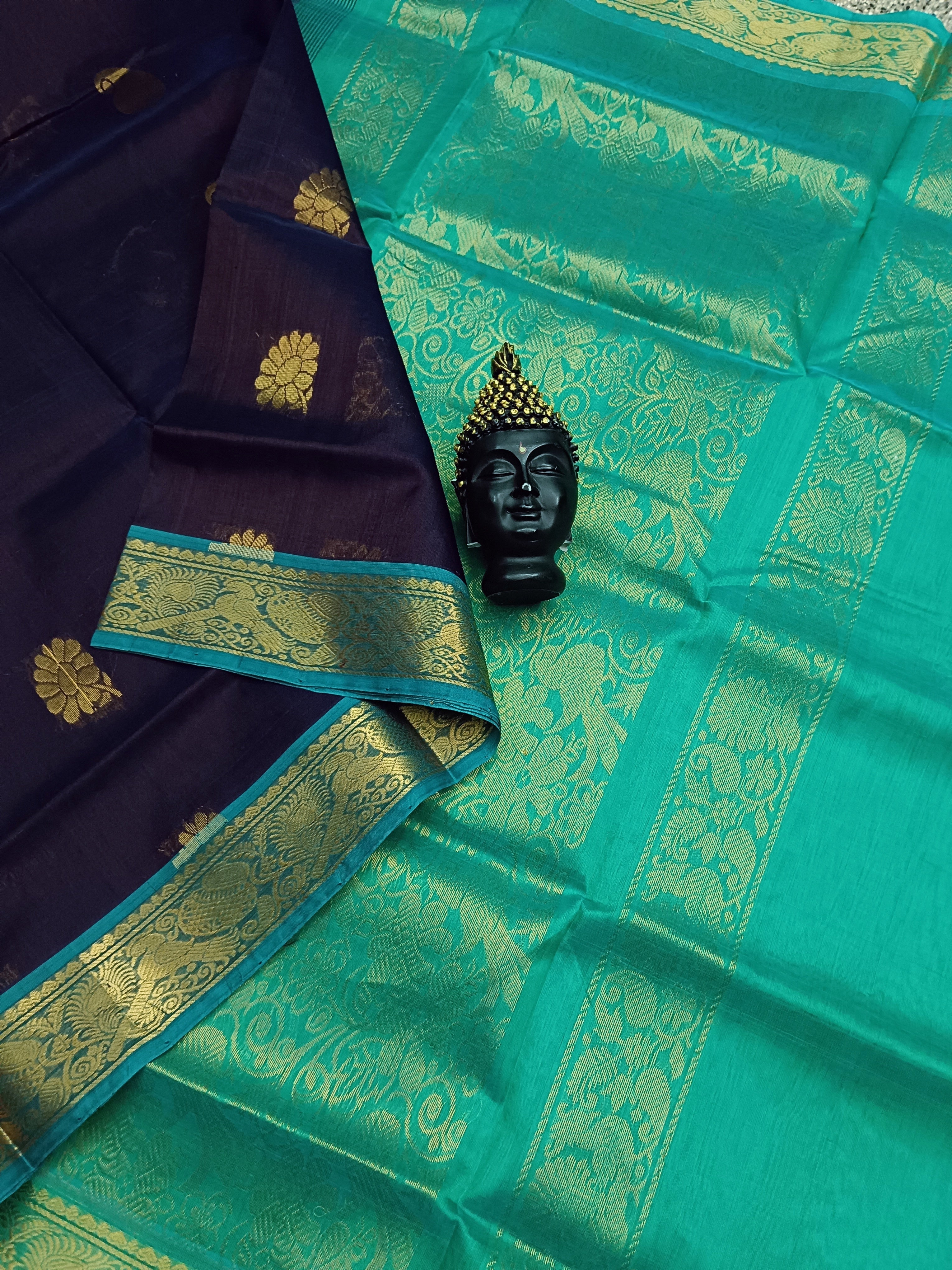 Handloom Kanchi  Silk Cotton -Butta -Jamun Blue Brown Dual  Tone- HSC24