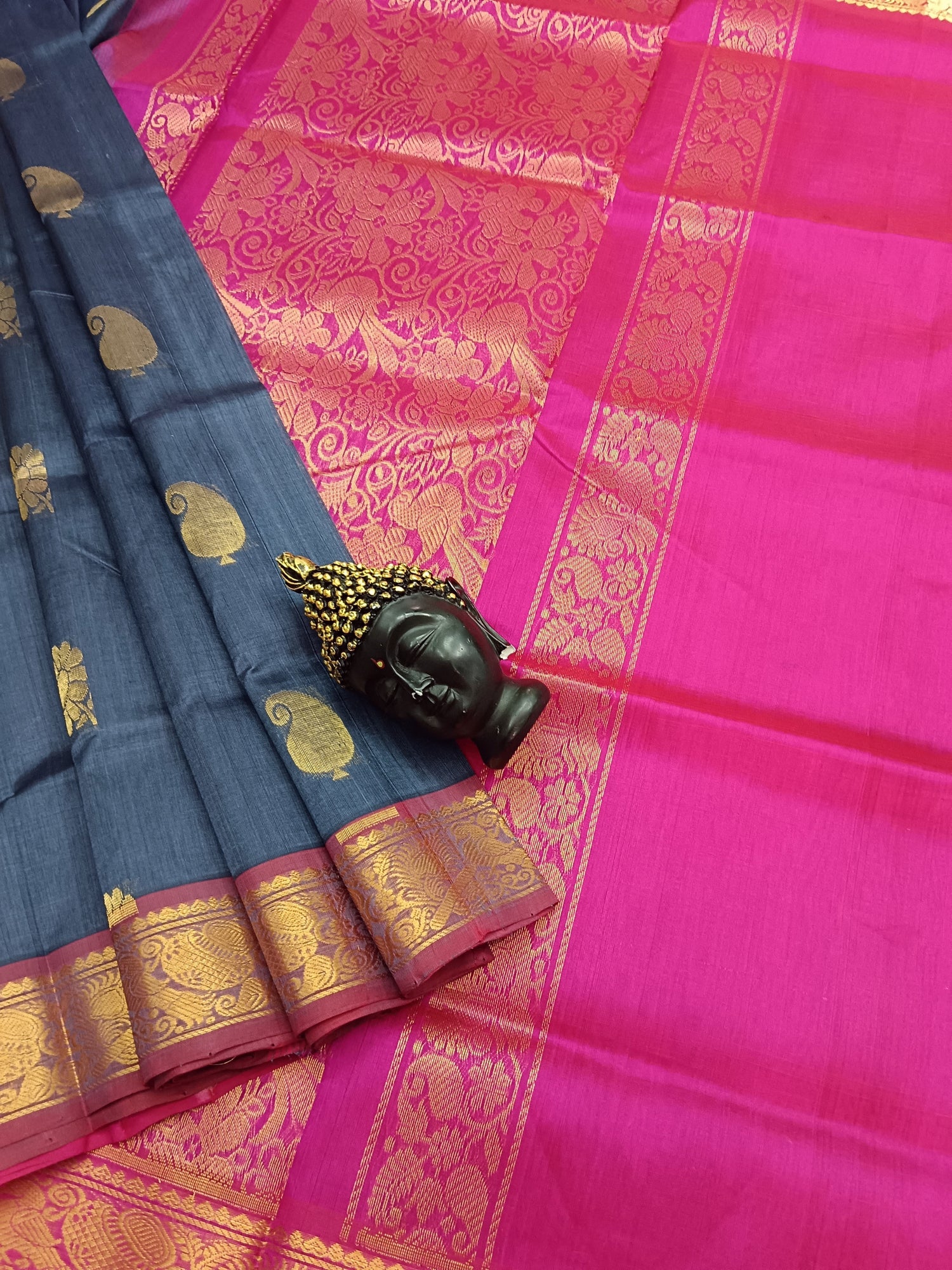 Handloom Kanci  Silk Cotton -Butta- Dark Blue Grey- HSC19