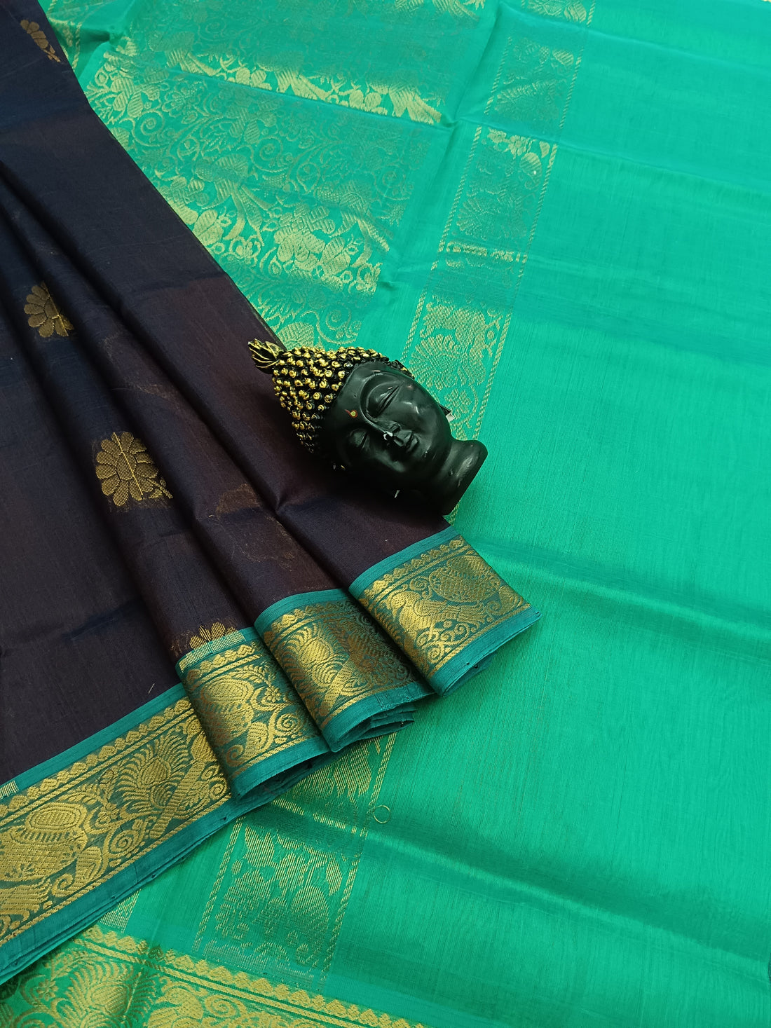 Handloom Kanchi  Silk Cotton -Butta -Jamun Blue Brown Dual  Tone- HSC24