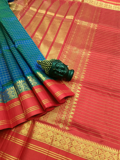 Handloom Kanchi  Silk Cotton -Korvai Checks - Saphire Blue- HSC23