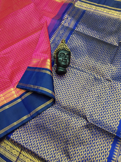 Handloom Kanchi  Silk Cotton -Korvai Checks- Pink - HSC20