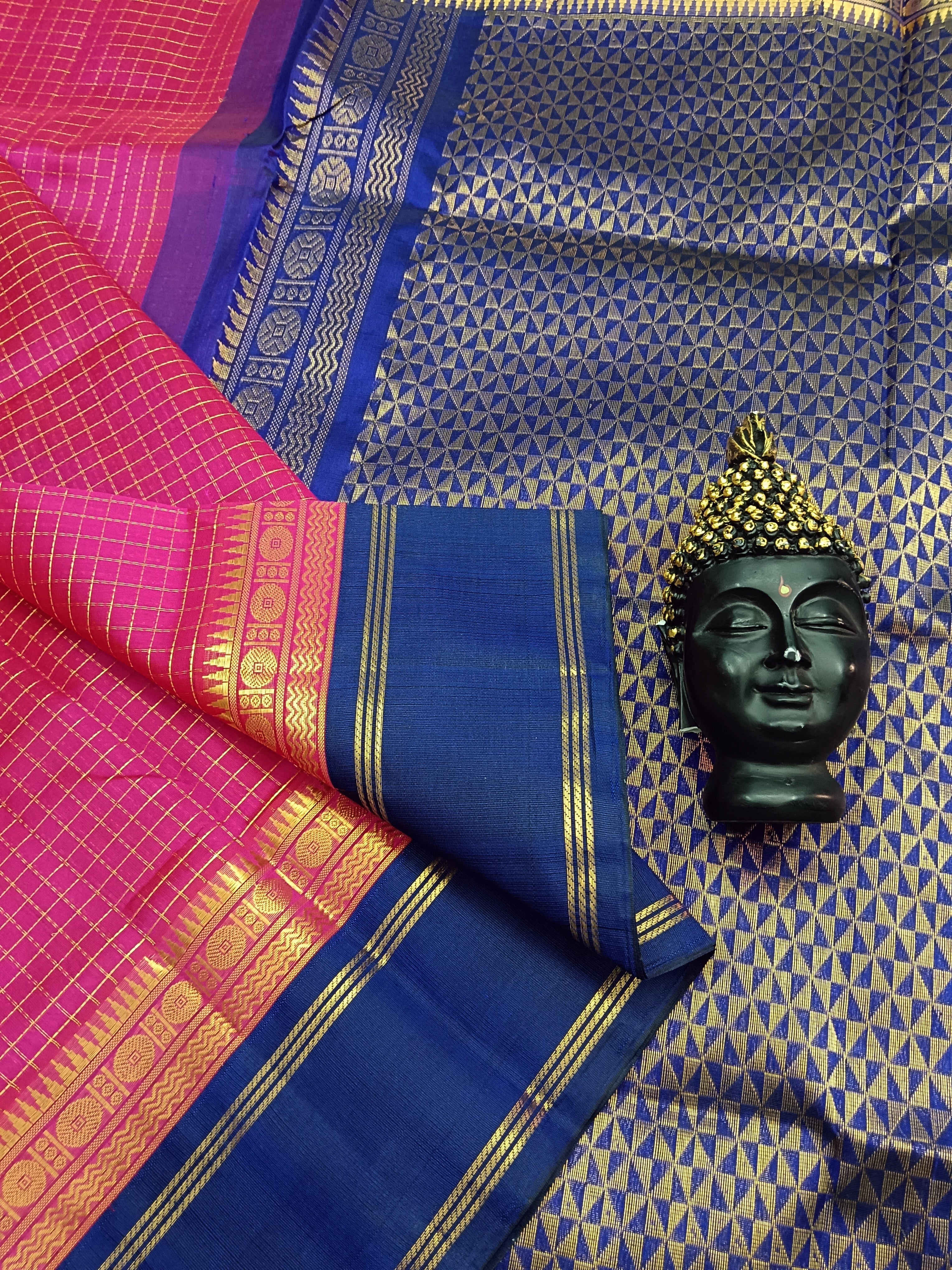 Handloom Kanchi  Silk Cotton -Korvai Checks- Pink - HSC20