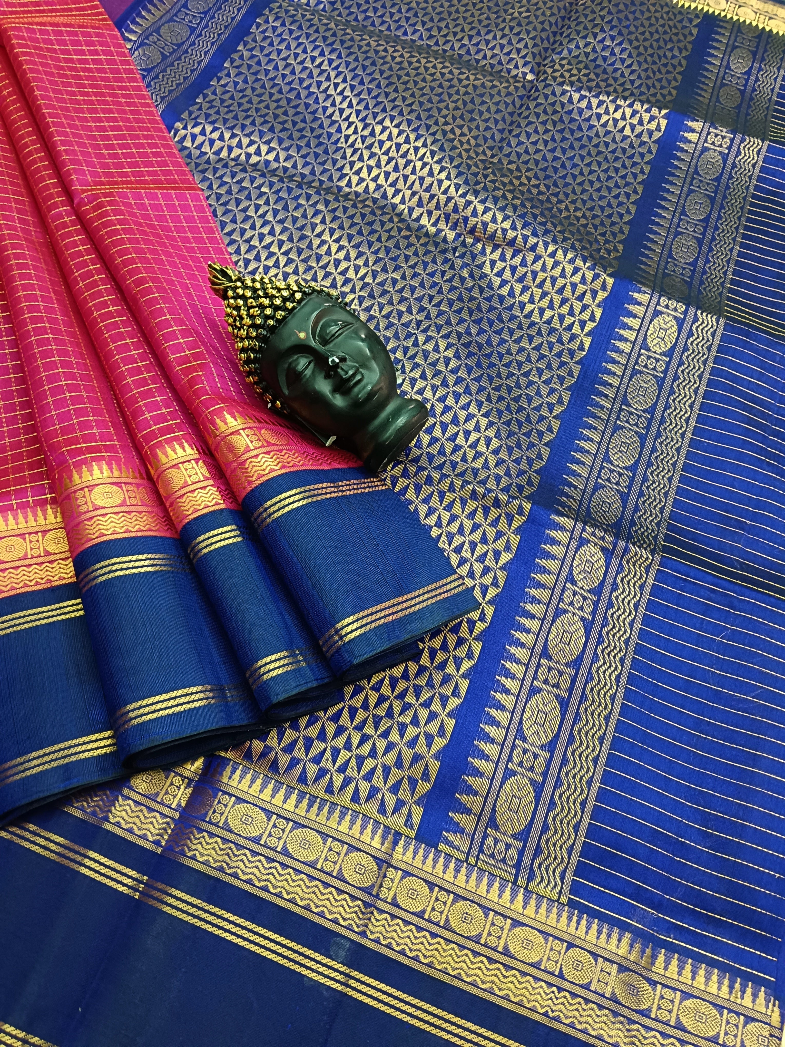 Handloom Kanchi  Silk Cotton -Korvai Checks- Pink - HSC20