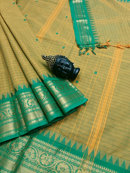 Kanchi Cotton - Festival Fusion -Korvai Checks Butta -Yellow Mixed Green Dual Tone - KCFCB36