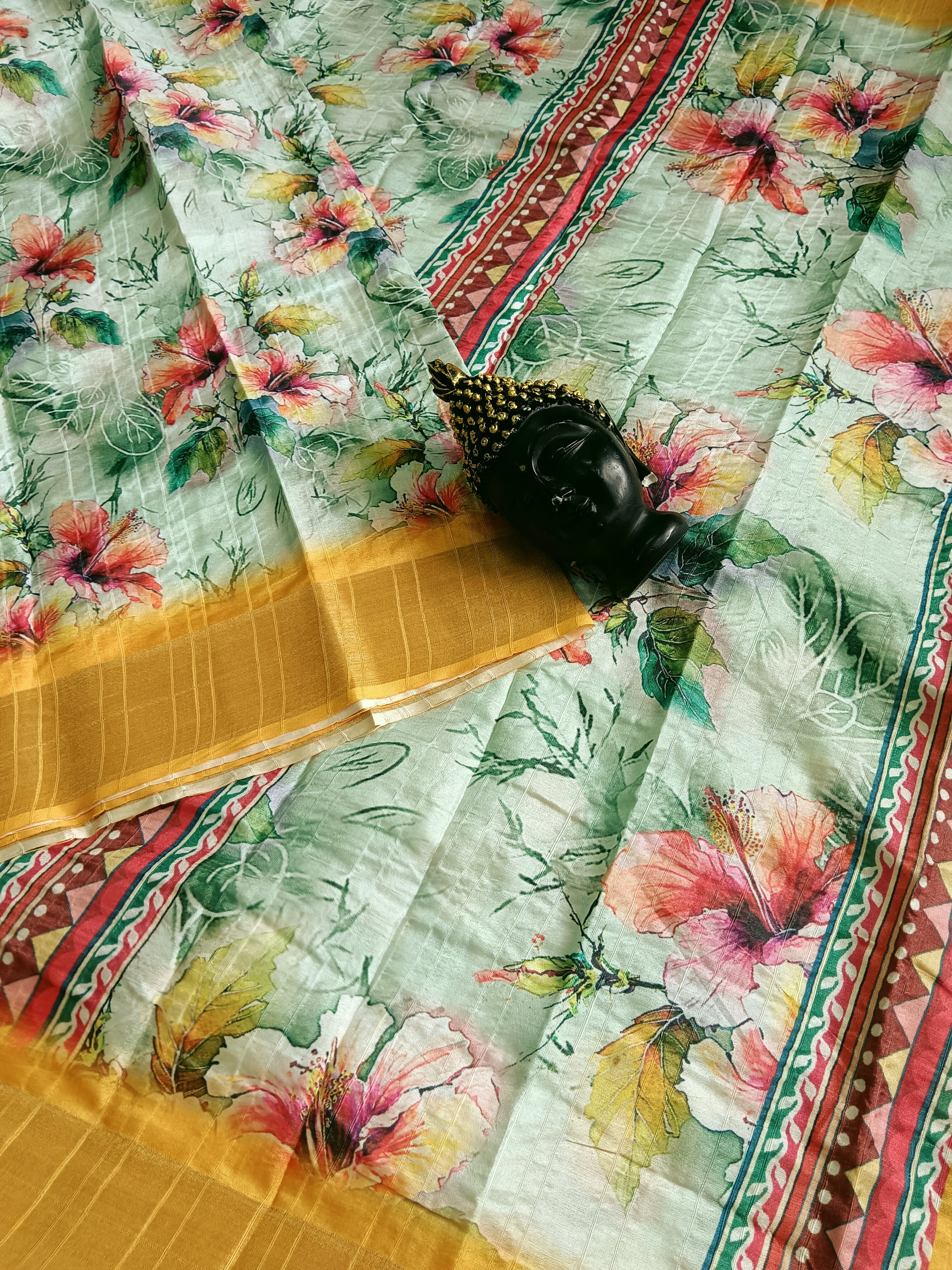 Semi Dola Silk Sarees -Digital Print-Pastel white mixed Green- FSD03