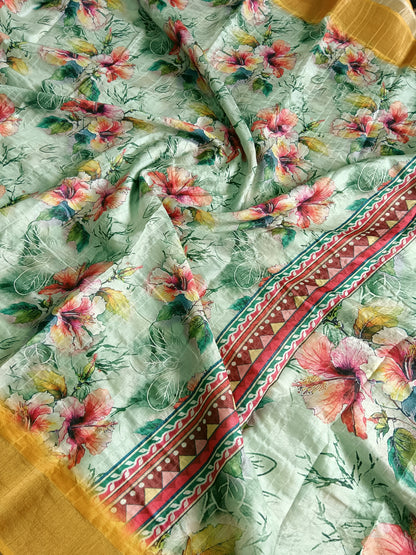 Semi Dola Silk Sarees -Digital Print-Pastel white mixed Green- FSD03