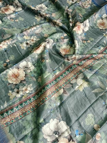 Semi Dola Silk Sarees -Digital Print-Grey Mixed Blue- FSD04