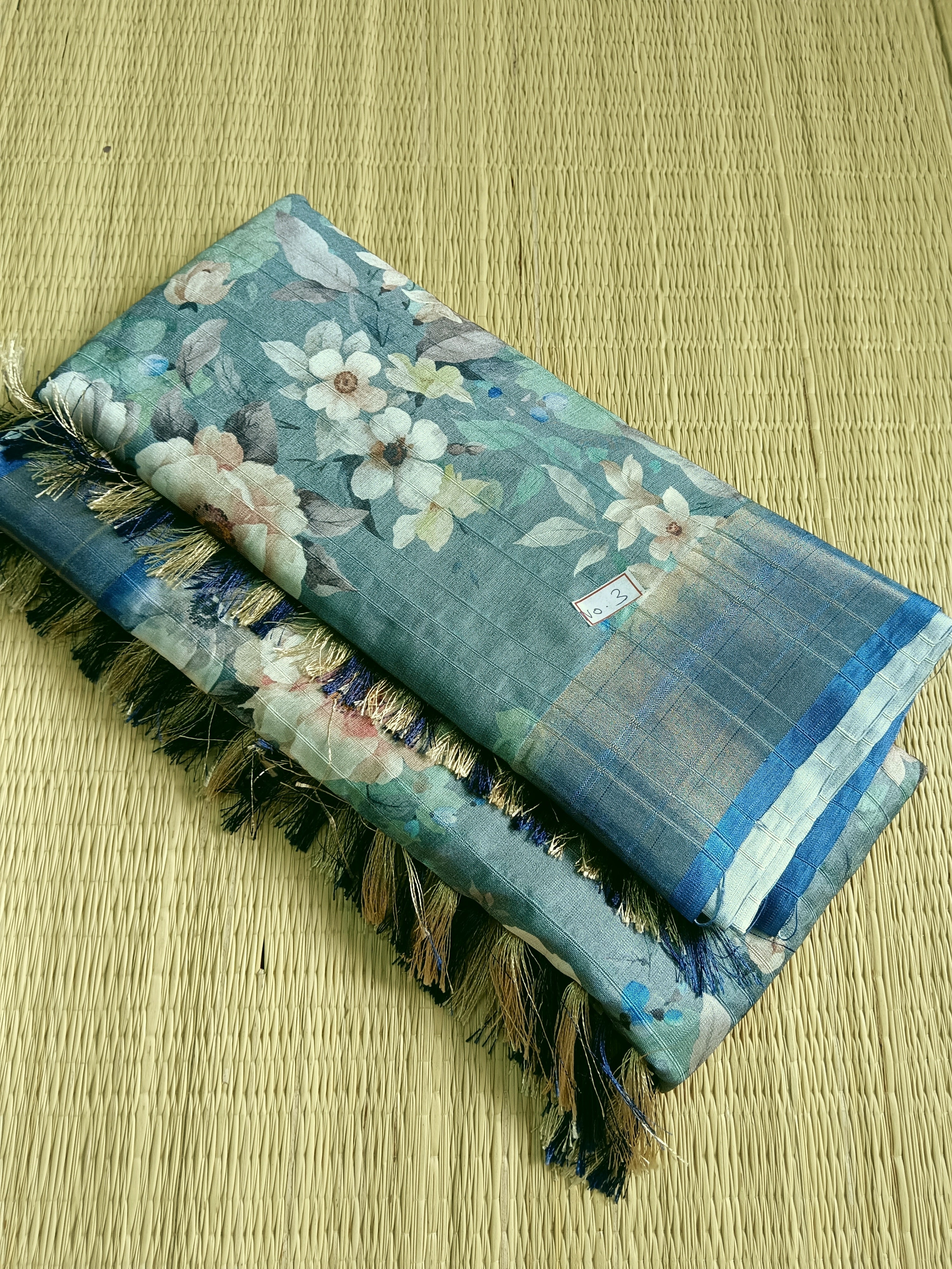 Semi Dola Silk Sarees -Digital Print-Grey Mixed Blue- FSD04