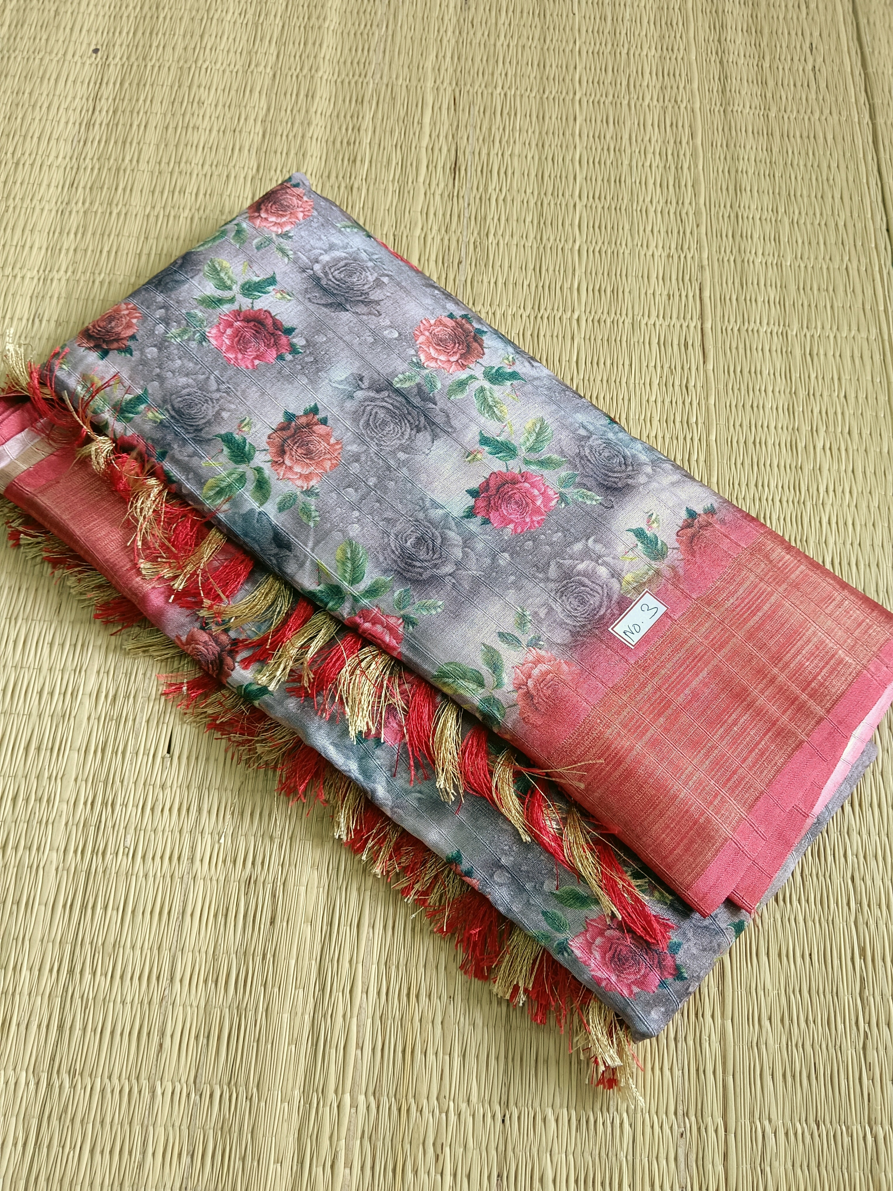 Semi Dola Silk Sarees -Digital Print-Grey Mixed pink- FSD05