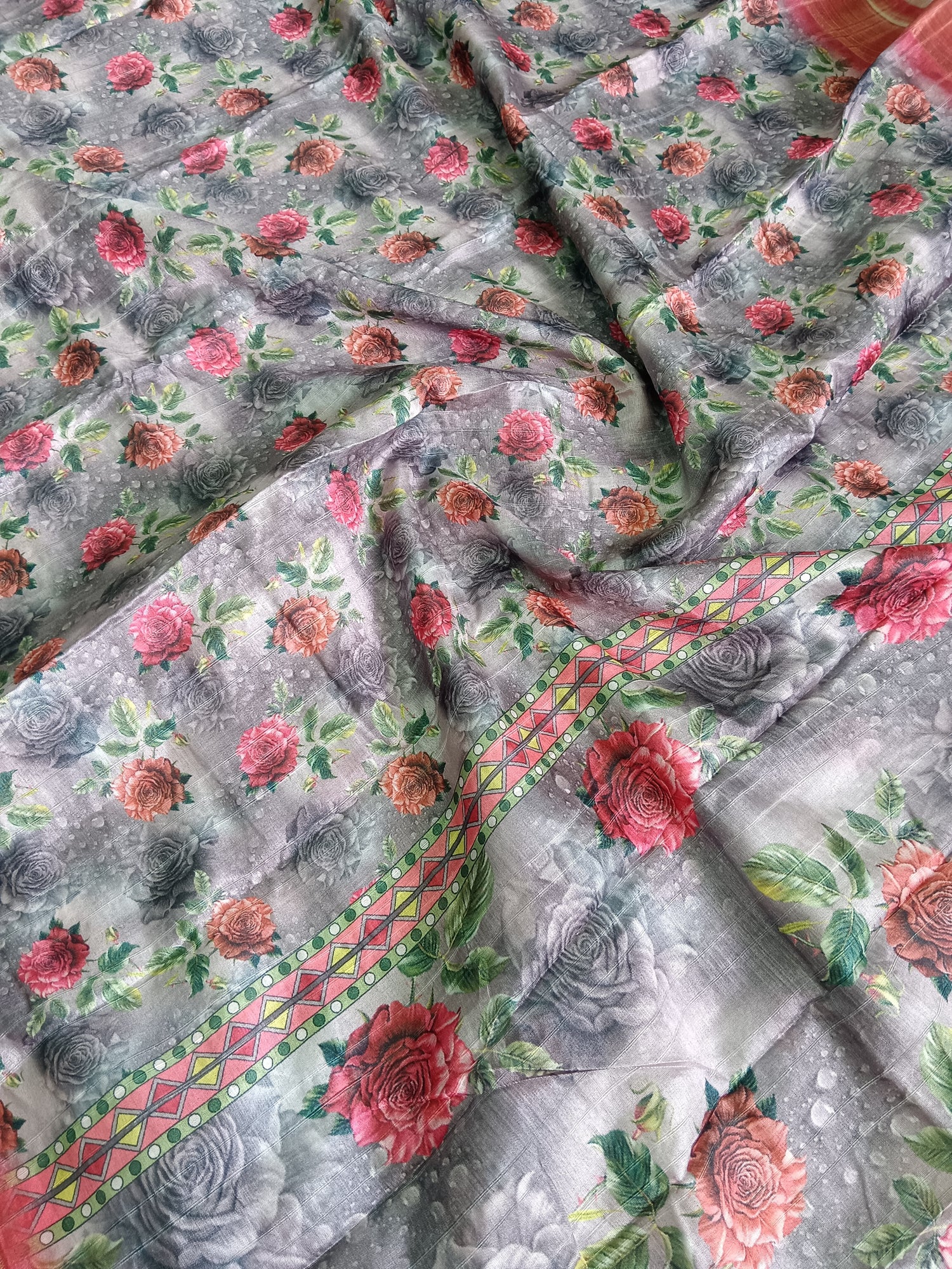 Semi Dola Silk Sarees -Digital Print-Grey Mixed pink- FSD05