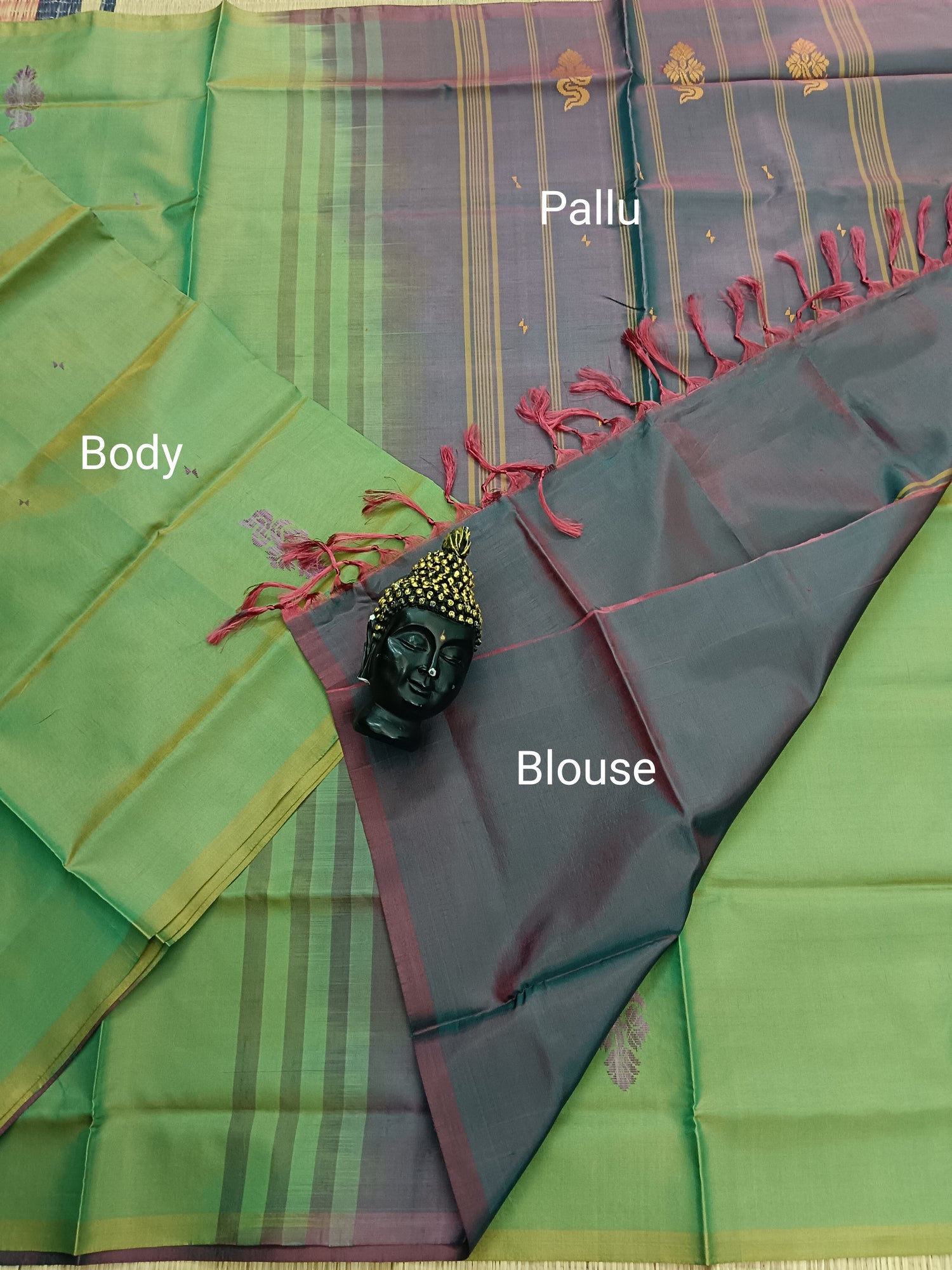 Banana Pith Silk(Vazhai Naar Pattu) - Butta -Yellow Mixed Green Dual Tone - BV15