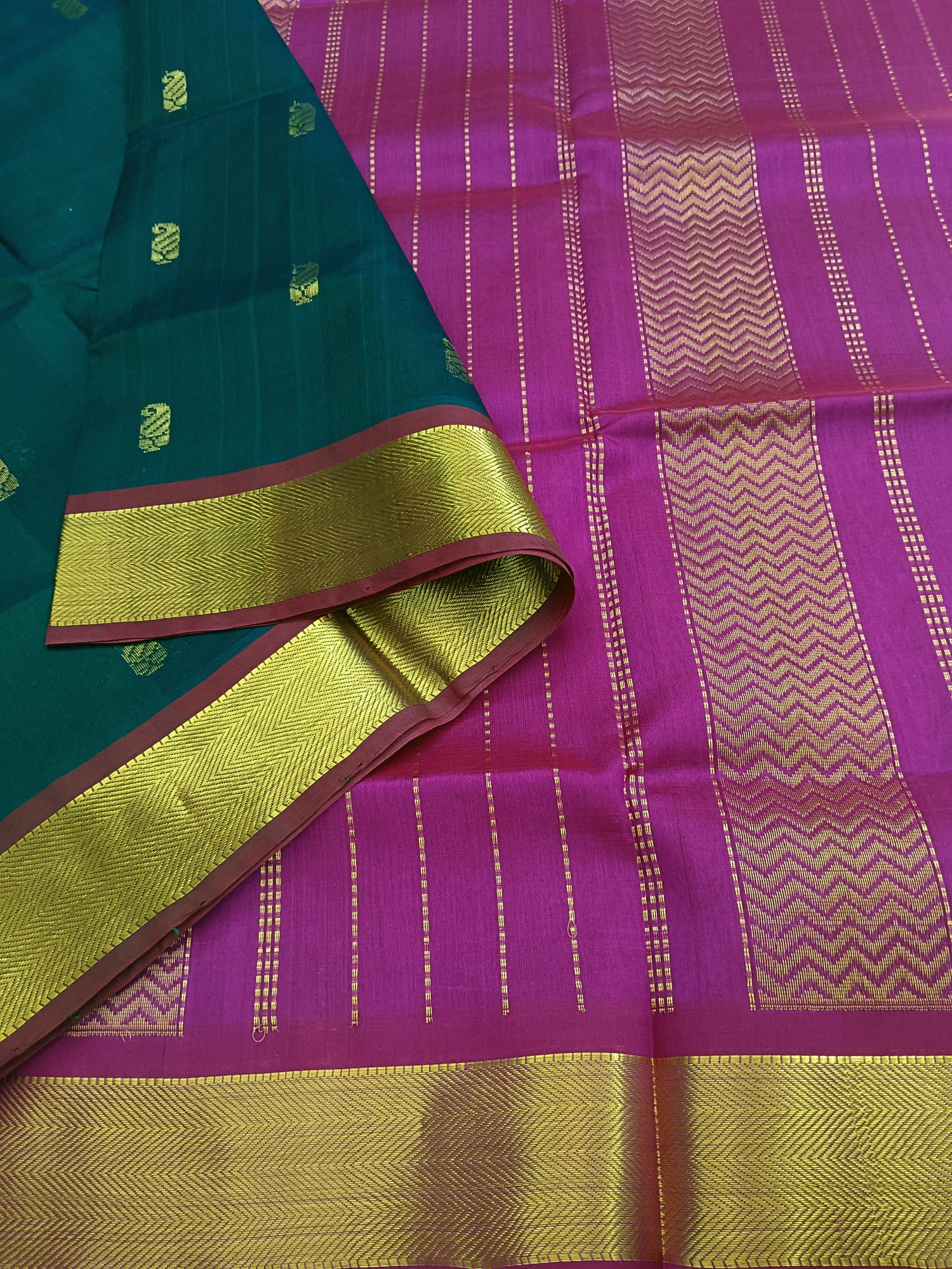 Handloom Kanchi  Silk Cotton - Butta - Peacock Green- HSC33