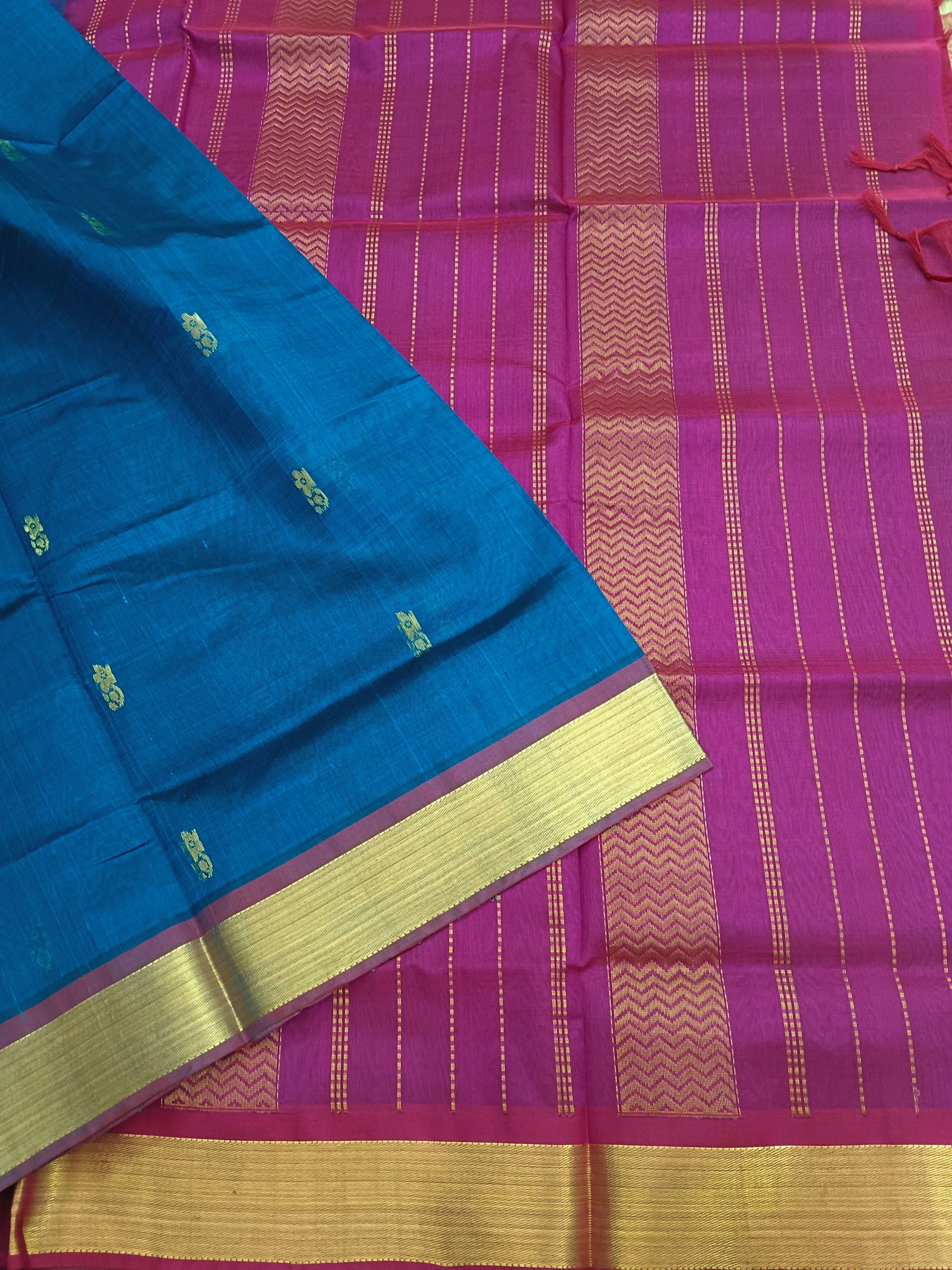 Handloom Kanchi  Silk Cotton - Butta - Peacock Blue- HSC32