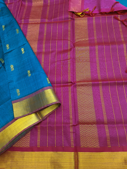 Handloom Kanchi  Silk Cotton - Butta - Peacock Blue- HSC32