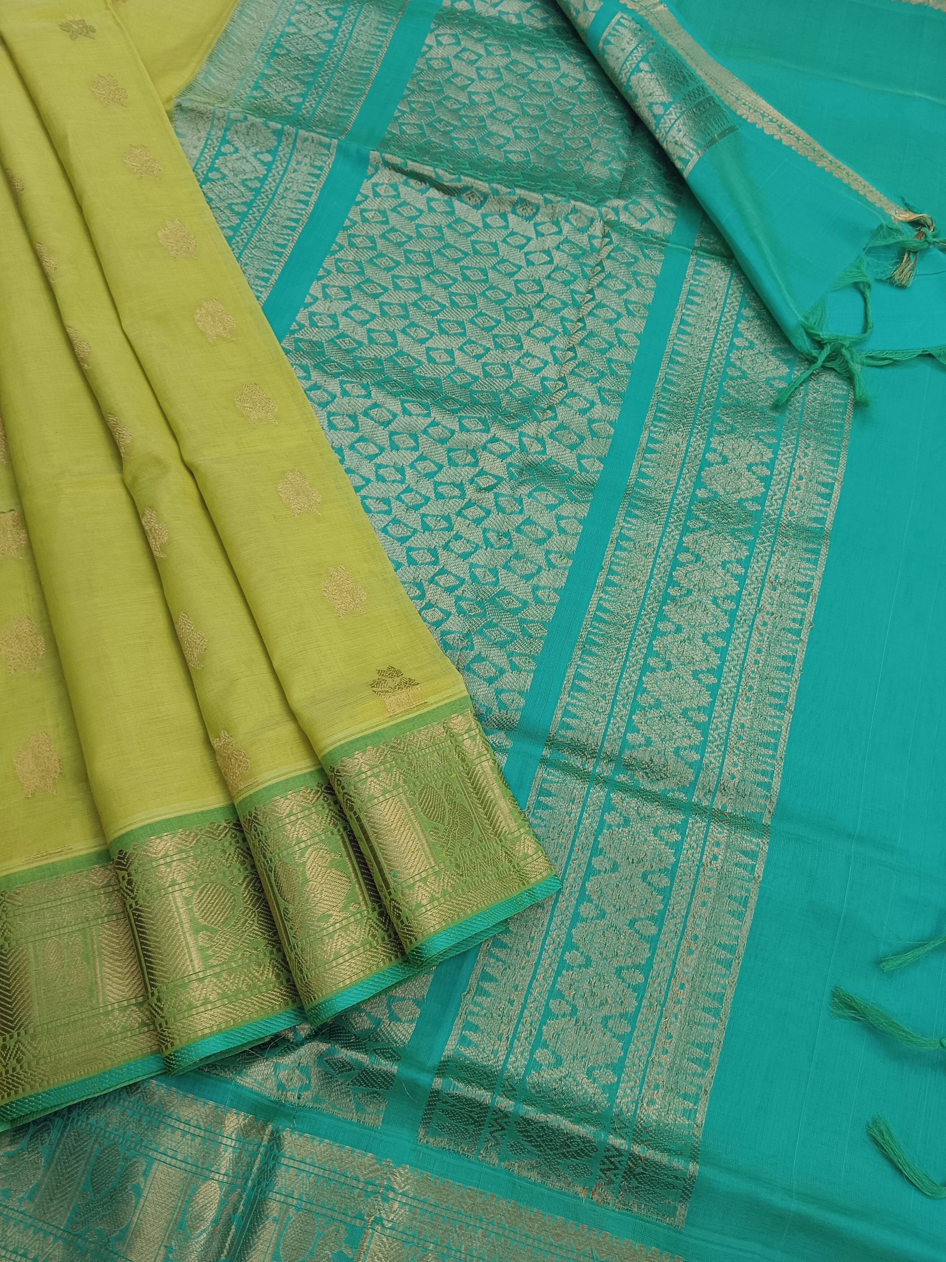 Handloom Kanchi  Silk Cotton - Butta-Lime Green- HSC43