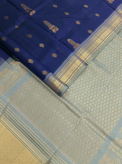 Handloom Kanchi  Silk Cotton - Butta-Blue- HSC48