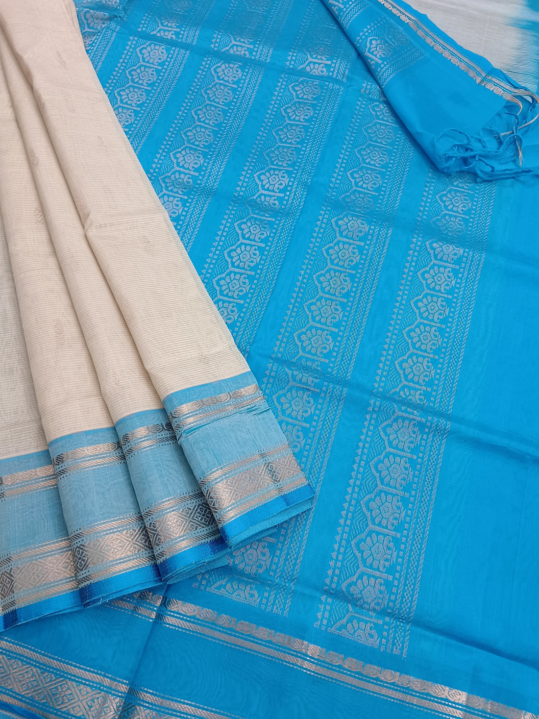 Handloom Kanchi  Silk Cotton - Butta-Half white- HSC41