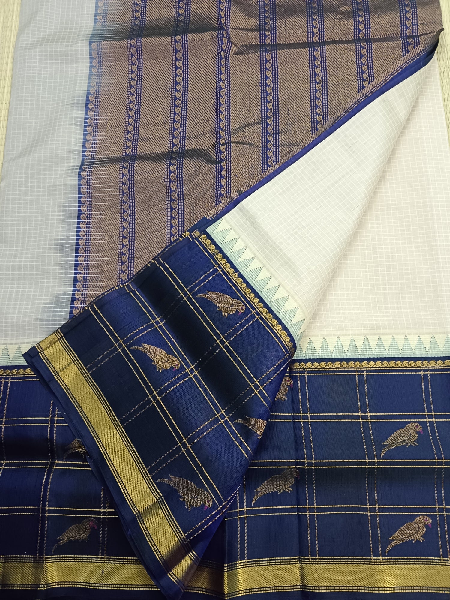 Handloom Kanchi  Silk Cotton -Long Border-Beige mixed white- HSC50