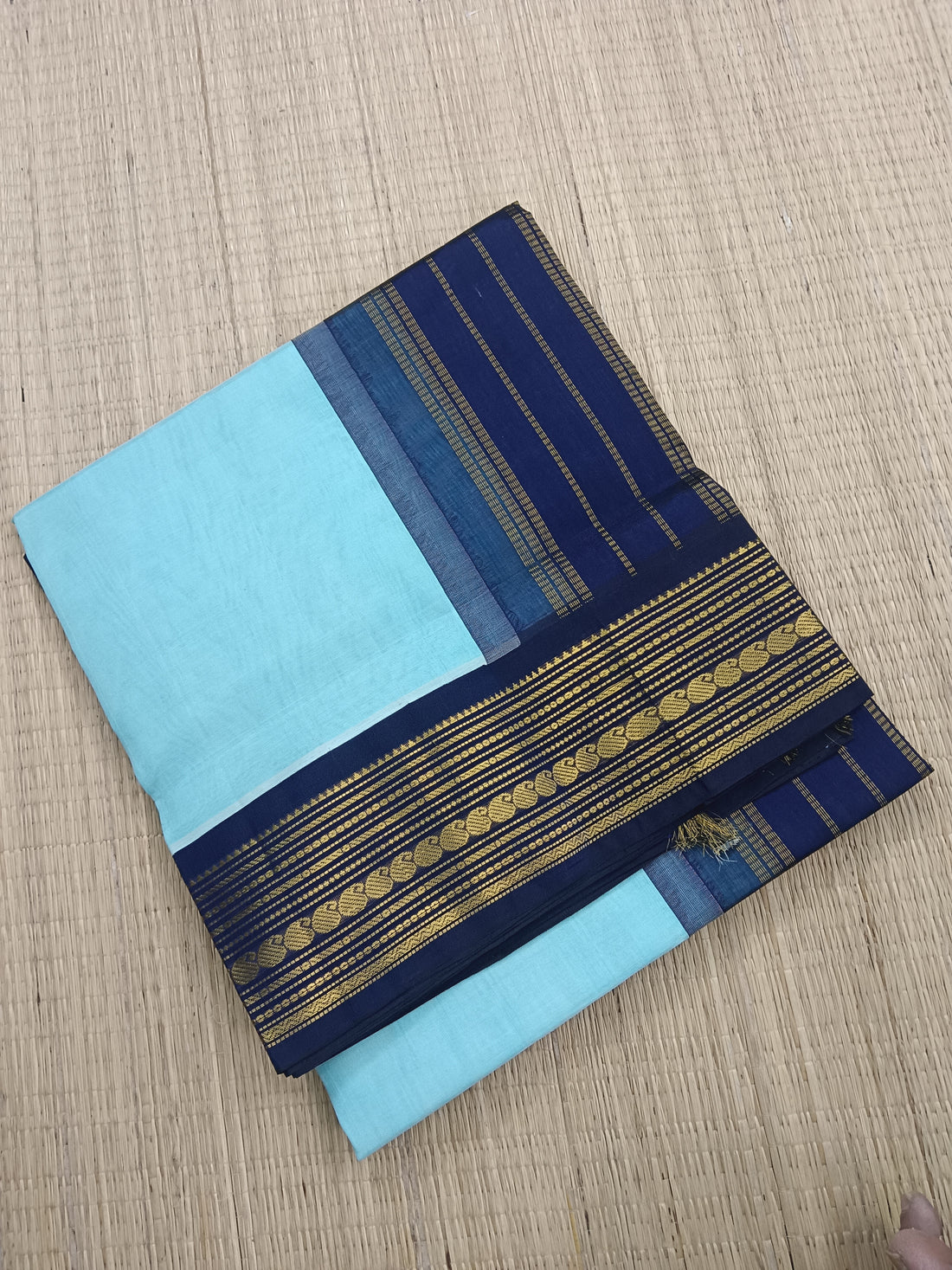 Handloom Kanchi  Silk Cotton -Korvai Plain-Pastel blue- HSC56