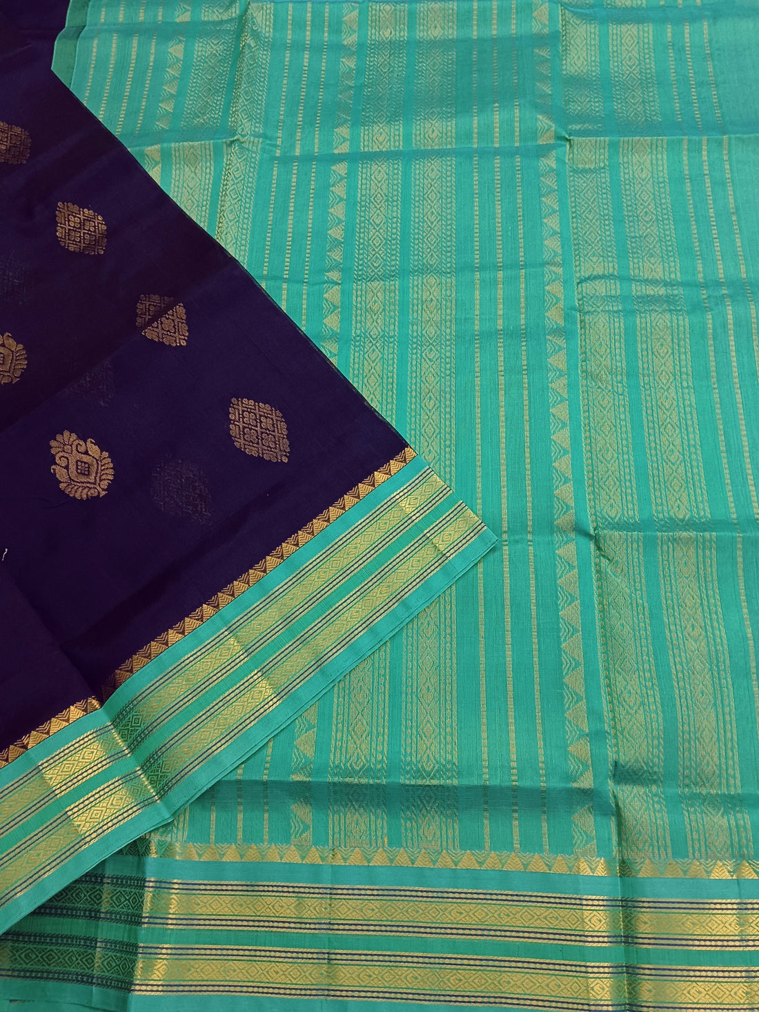 Handloom Kanchi  Silk Cotton -Korvai Butta-Navy Blue- HSC53