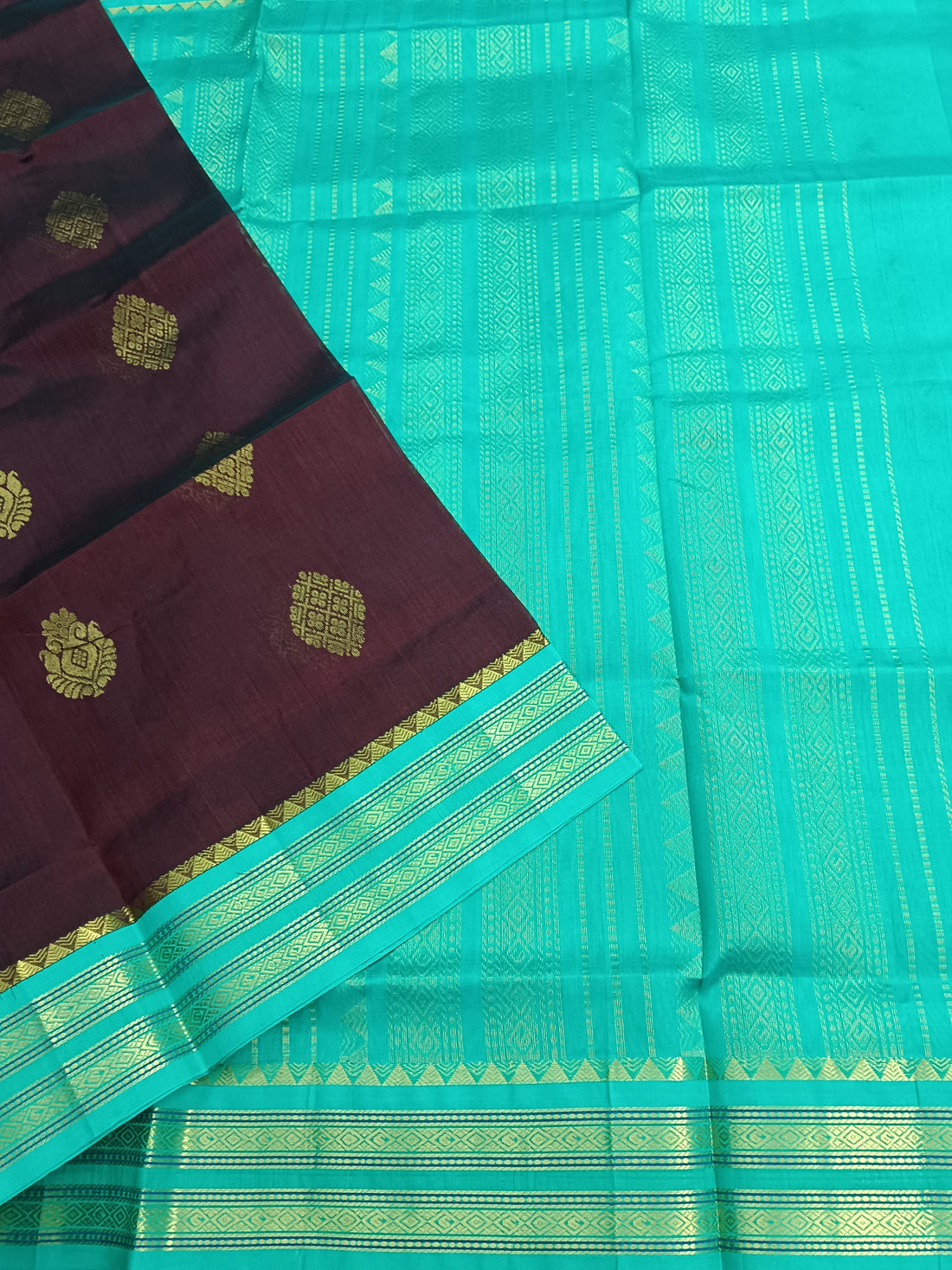 Handloom Kanchi  Silk Cotton -Korvai Butta-Brown- HSC54