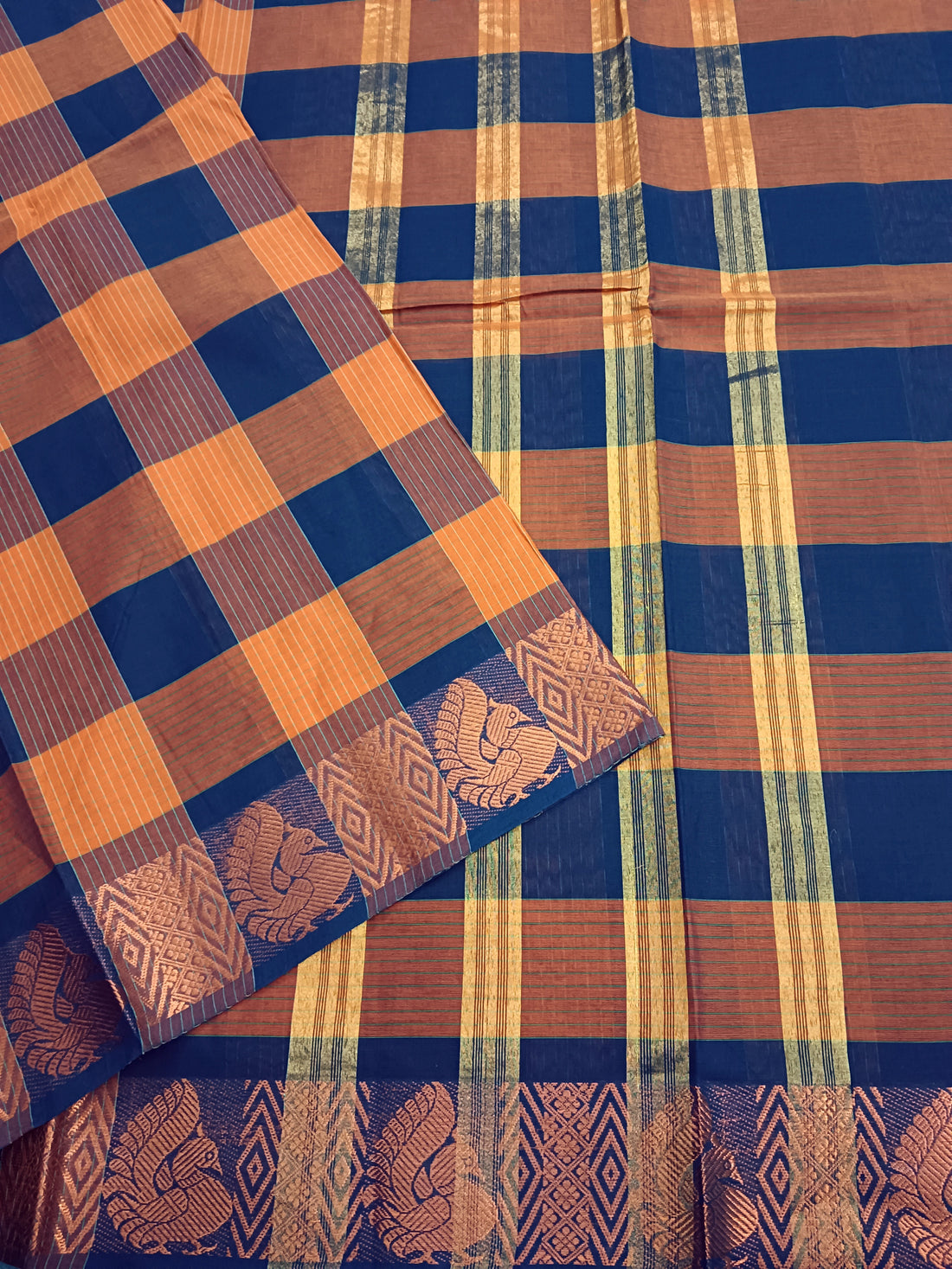 Kandangi Checks- orange with blue - KC36
