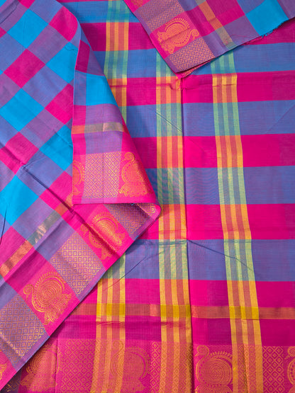 Kandangi Checks-Sky blue with reddish pink- KC124