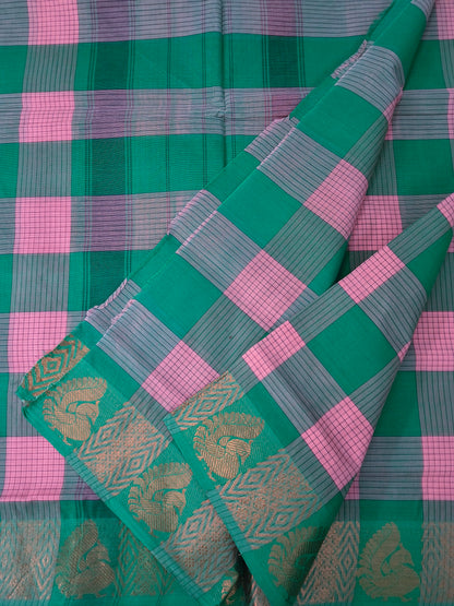 Kandangi Checks -Green mixed baby pink - KC130